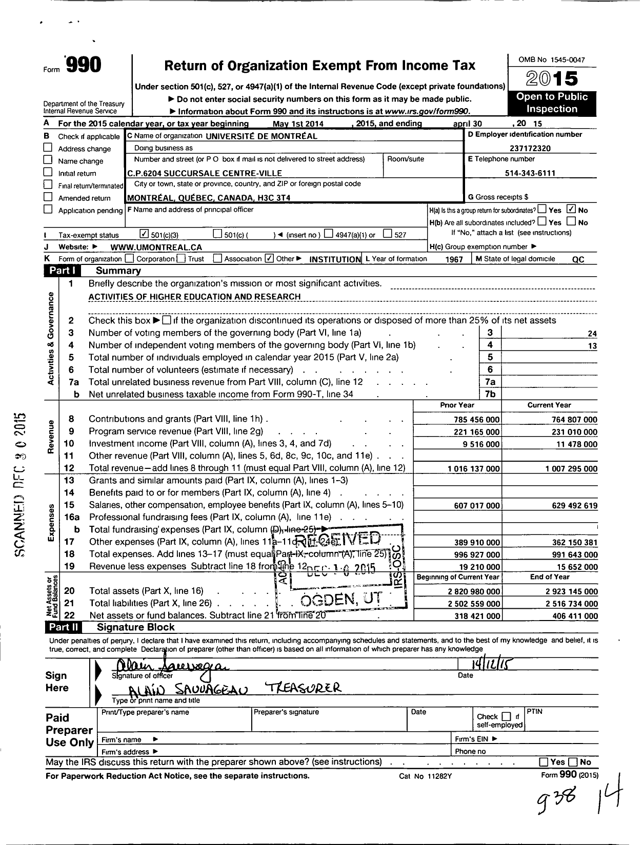 Image of first page of 2014 Form 990 for Universite de Montreal