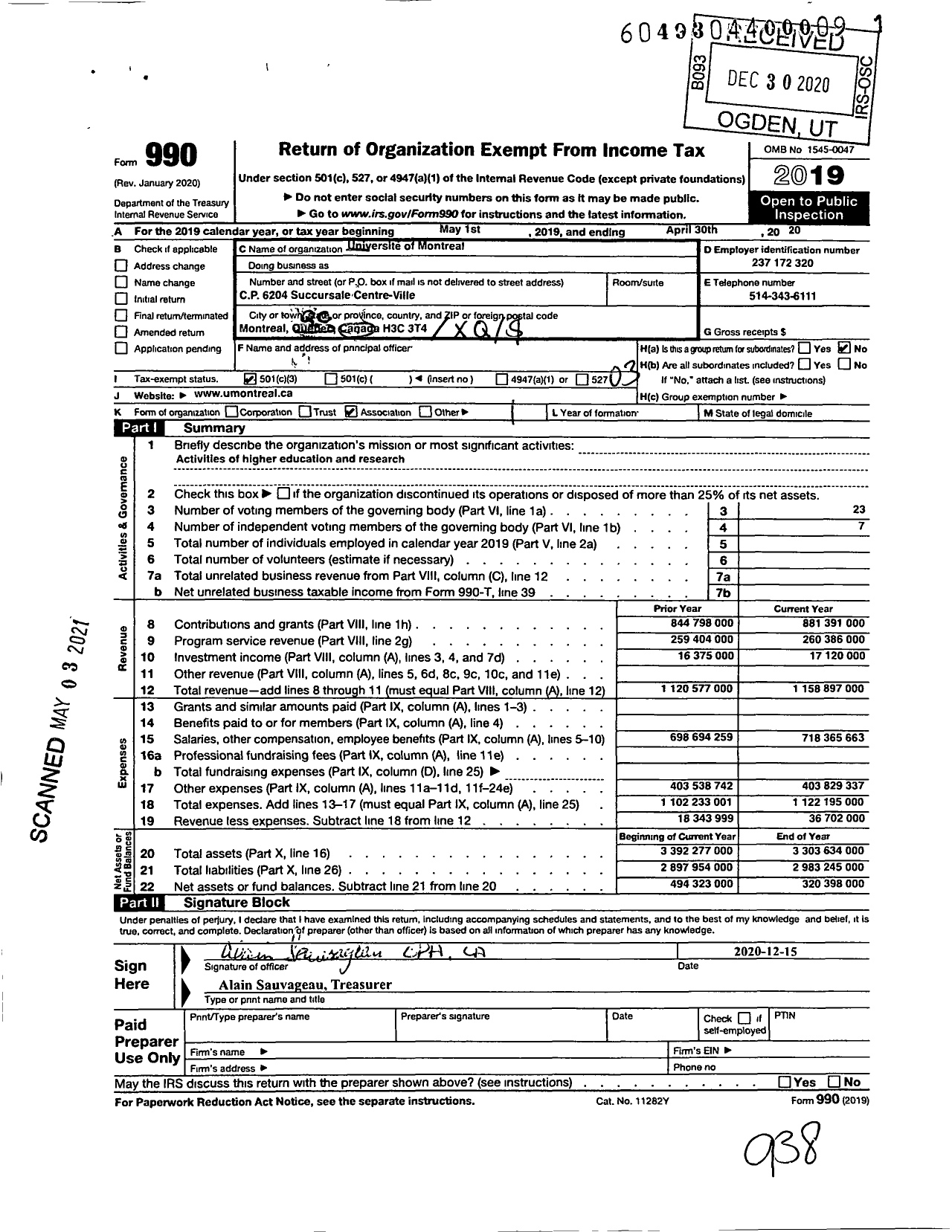 Image of first page of 2019 Form 990 for Universite de Montreal