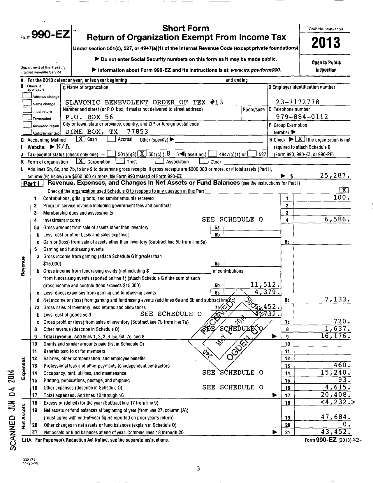 Image of first page of 2013 Form 990EO for Slavonic Benevolent Order of the State of Texas - 13