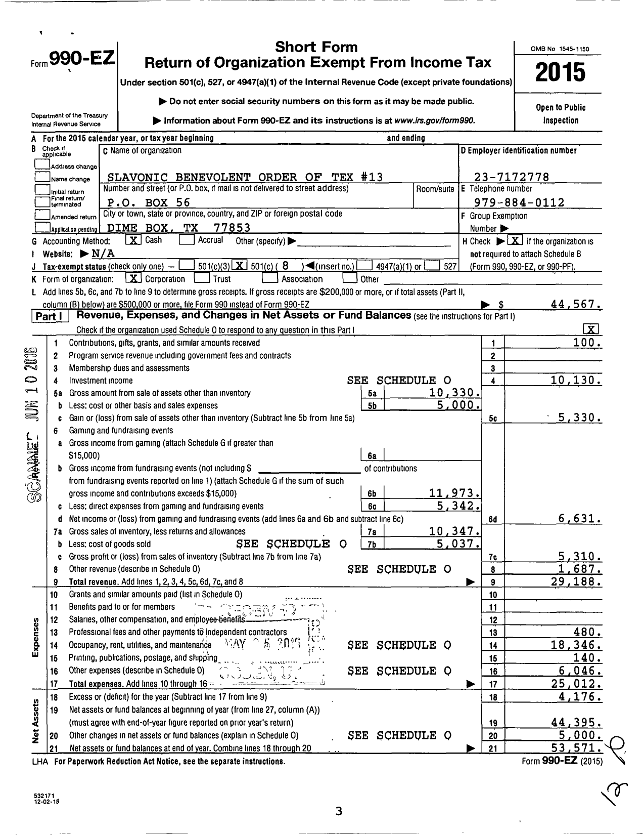 Image of first page of 2015 Form 990EO for Slavonic Benevolent Order of the State of Texas - 13