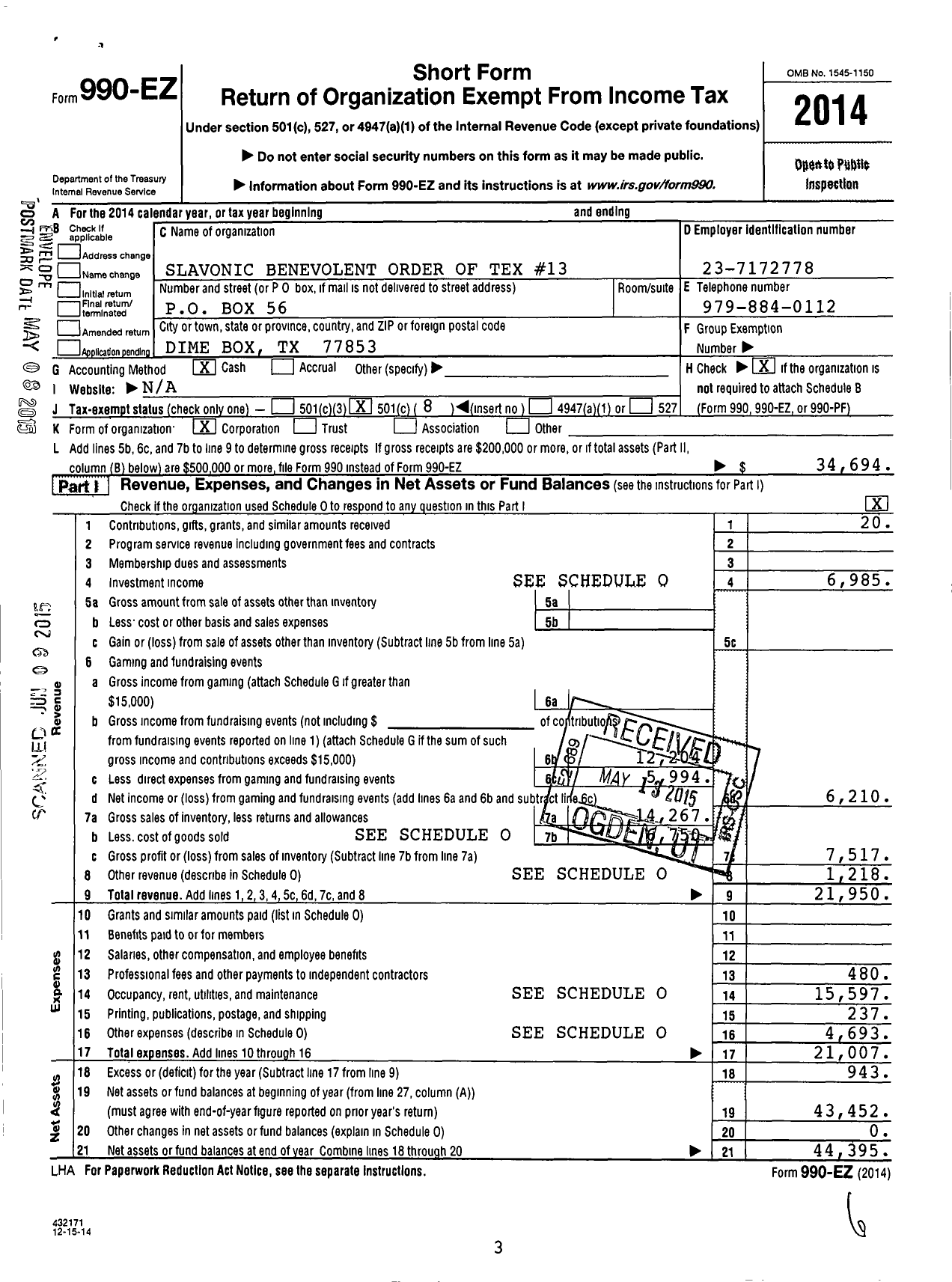 Image of first page of 2014 Form 990EO for Slavonic Benevolent Order of the State of Texas - 13