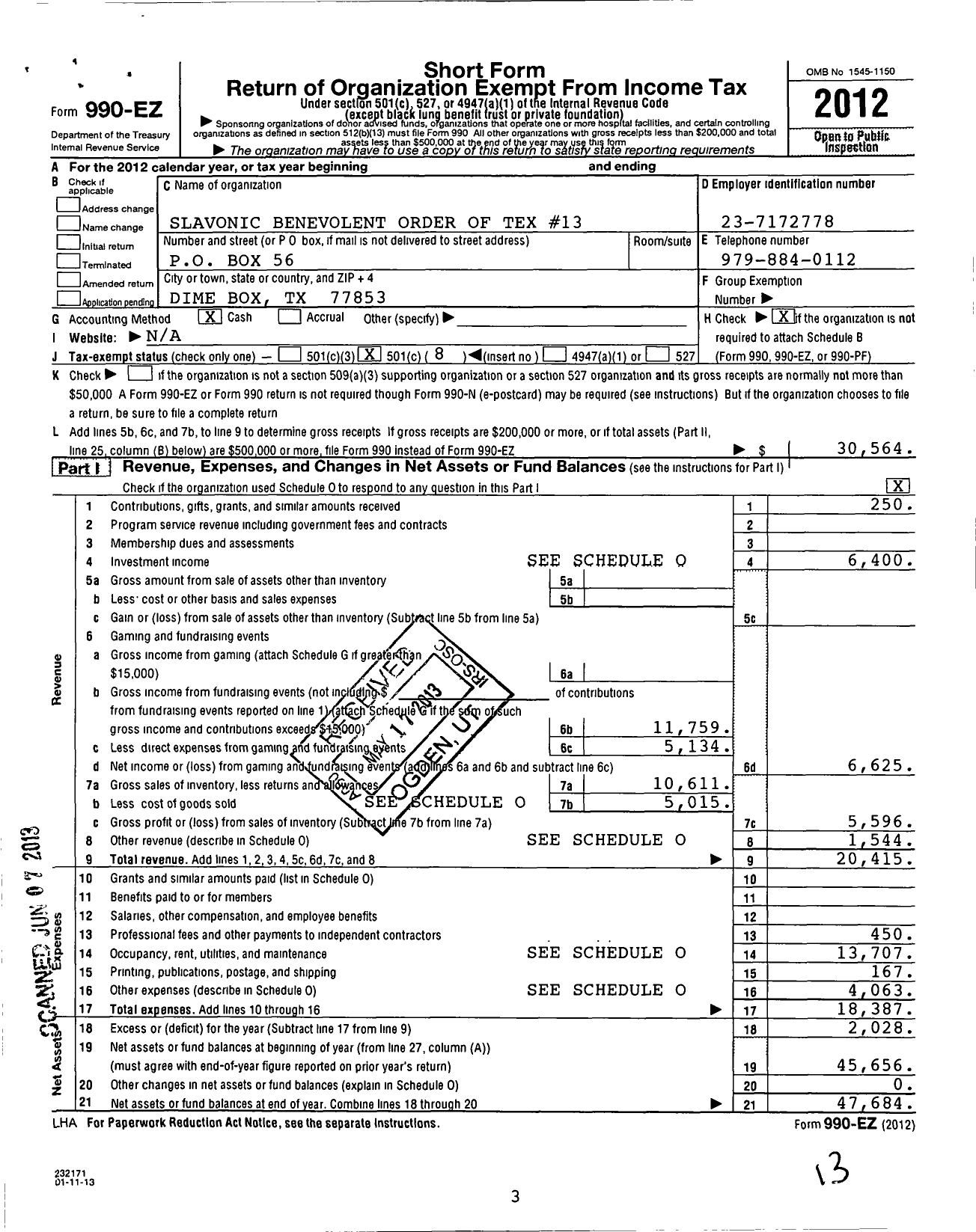 Image of first page of 2012 Form 990EO for Slavonic Benevolent Order of the State of Texas - 13