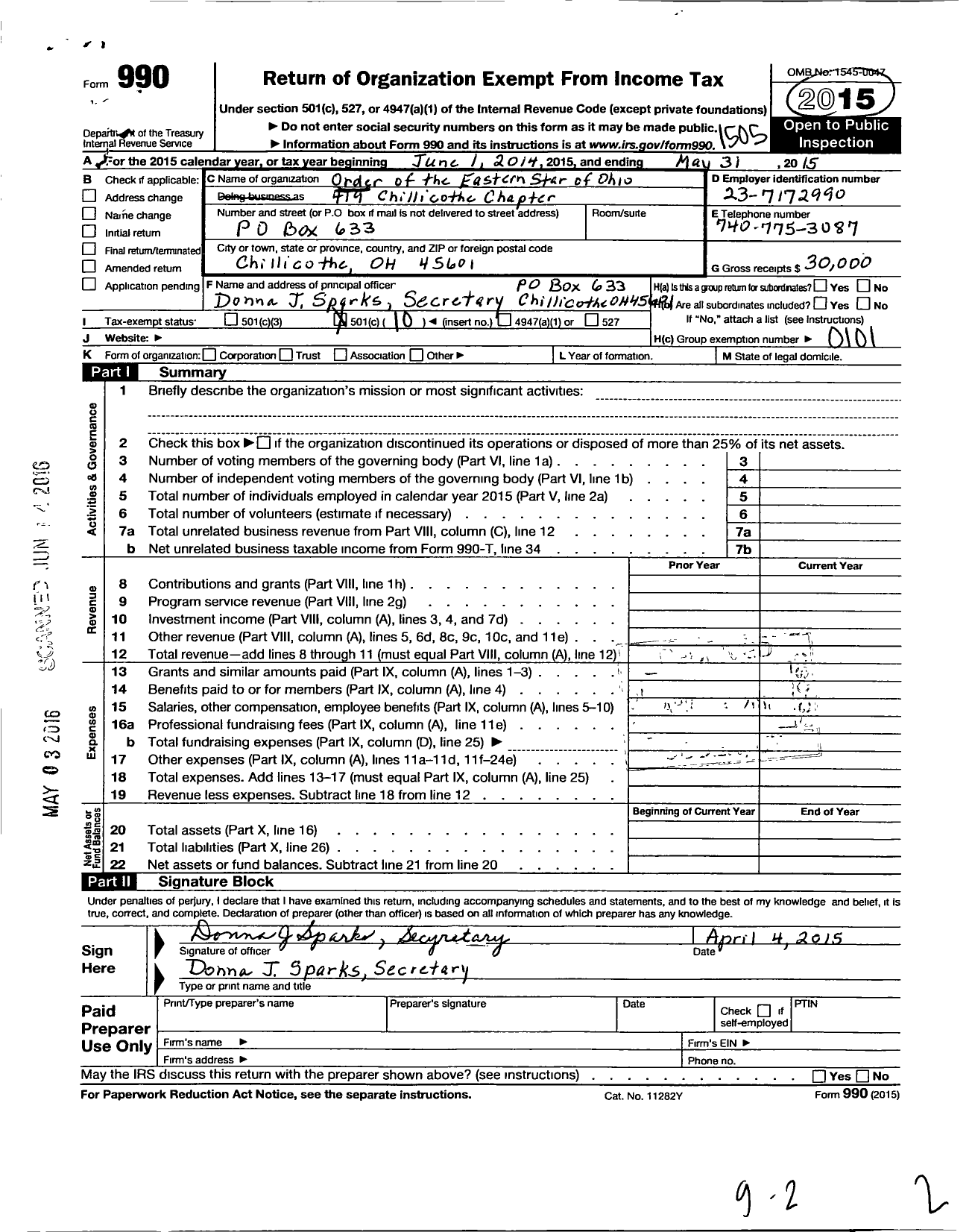 Image of first page of 2014 Form 990O for Order of the Eastern Star of Ohio - 419 Chillicothe Chapter