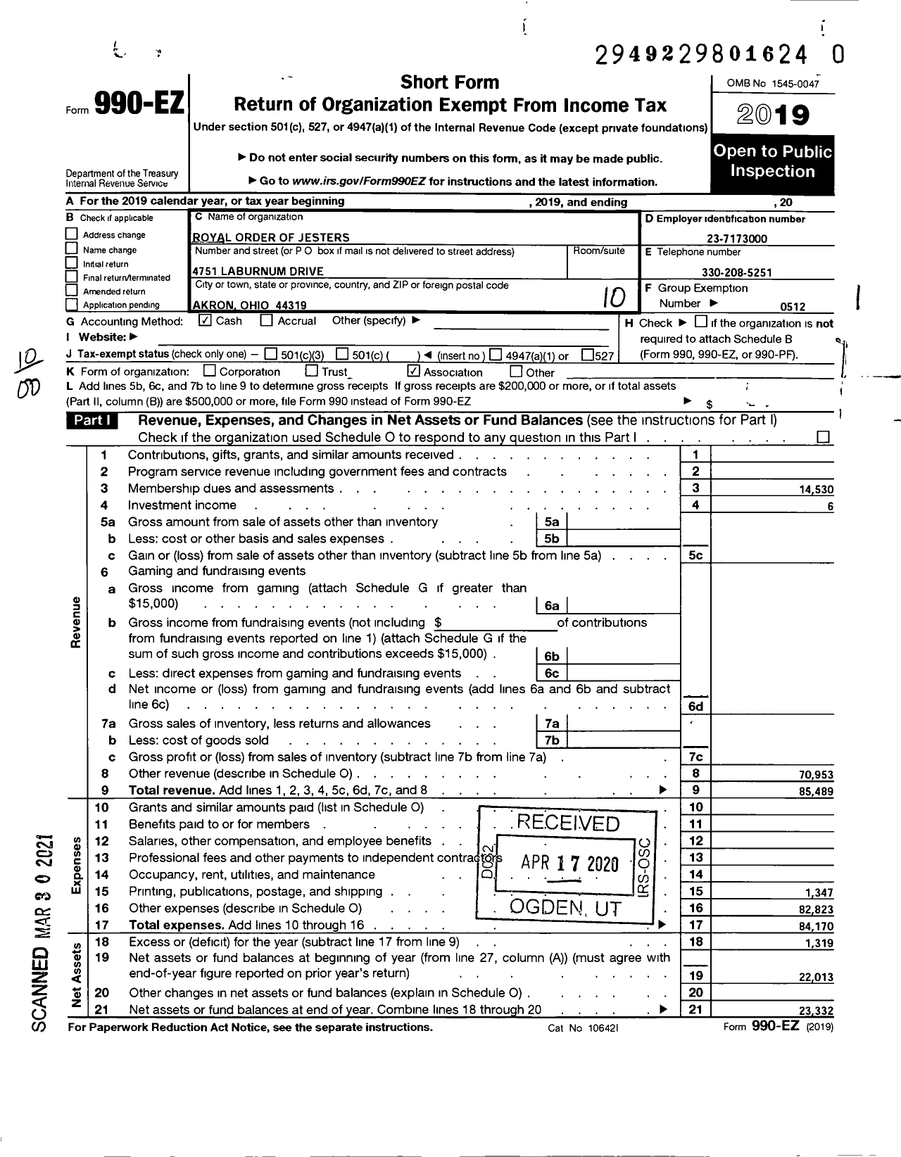 Image of first page of 2019 Form 990EO for Royal Order of Jesters - 080 Akron Court