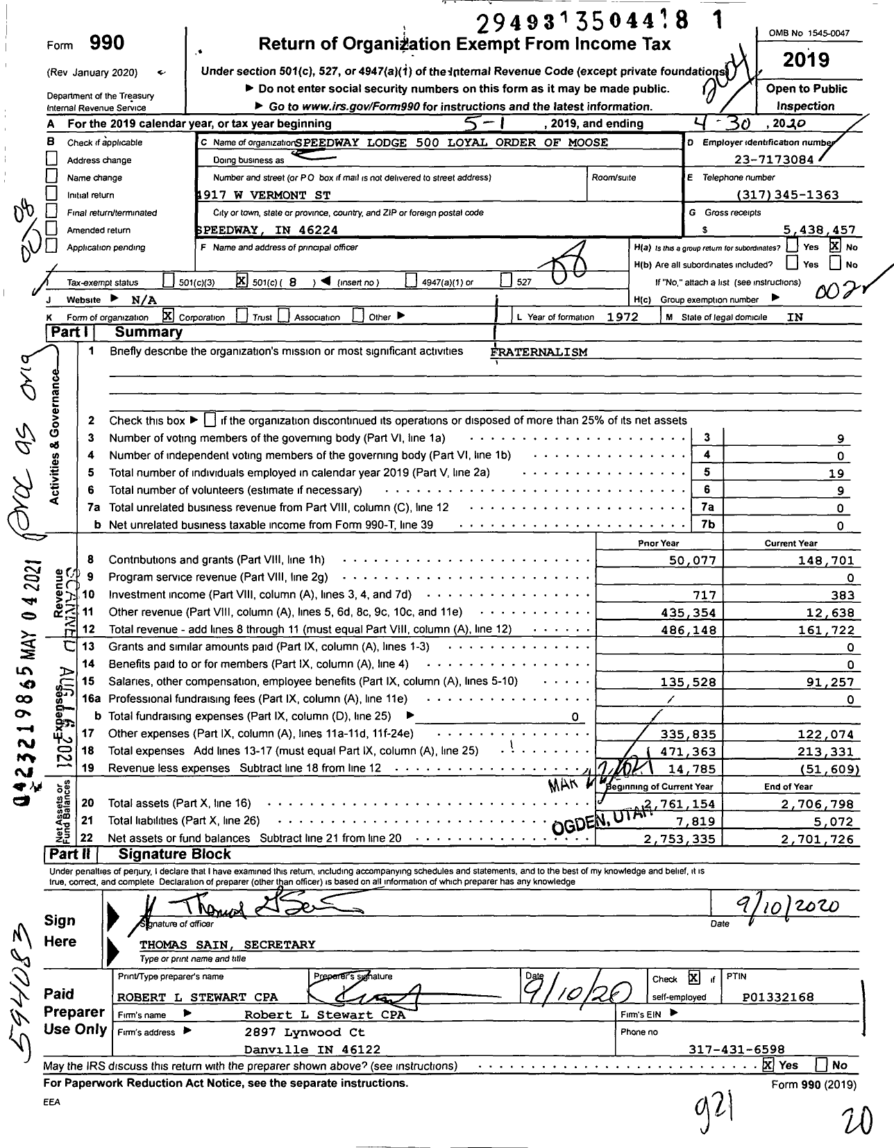 Image of first page of 2019 Form 990O for Loyal Order of Moose - 500