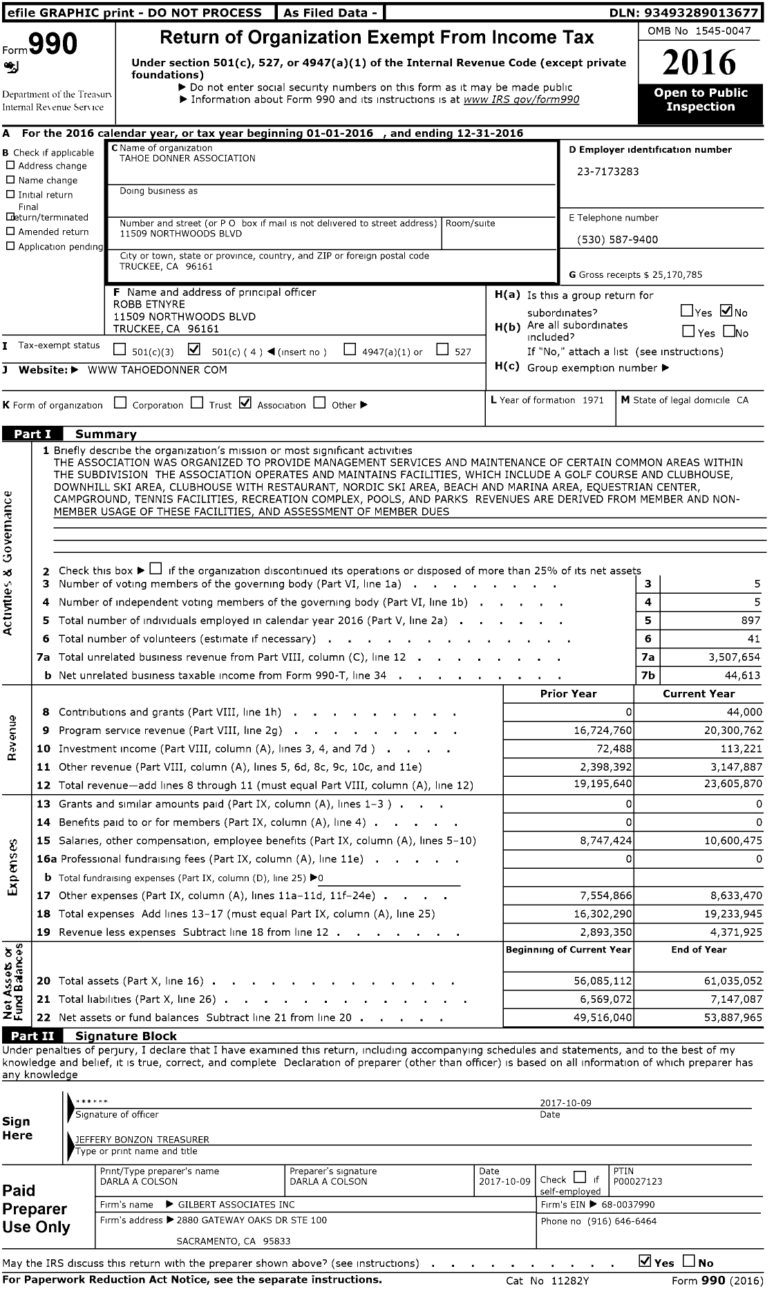 Image of first page of 2016 Form 990O for Tahoe Donner Association