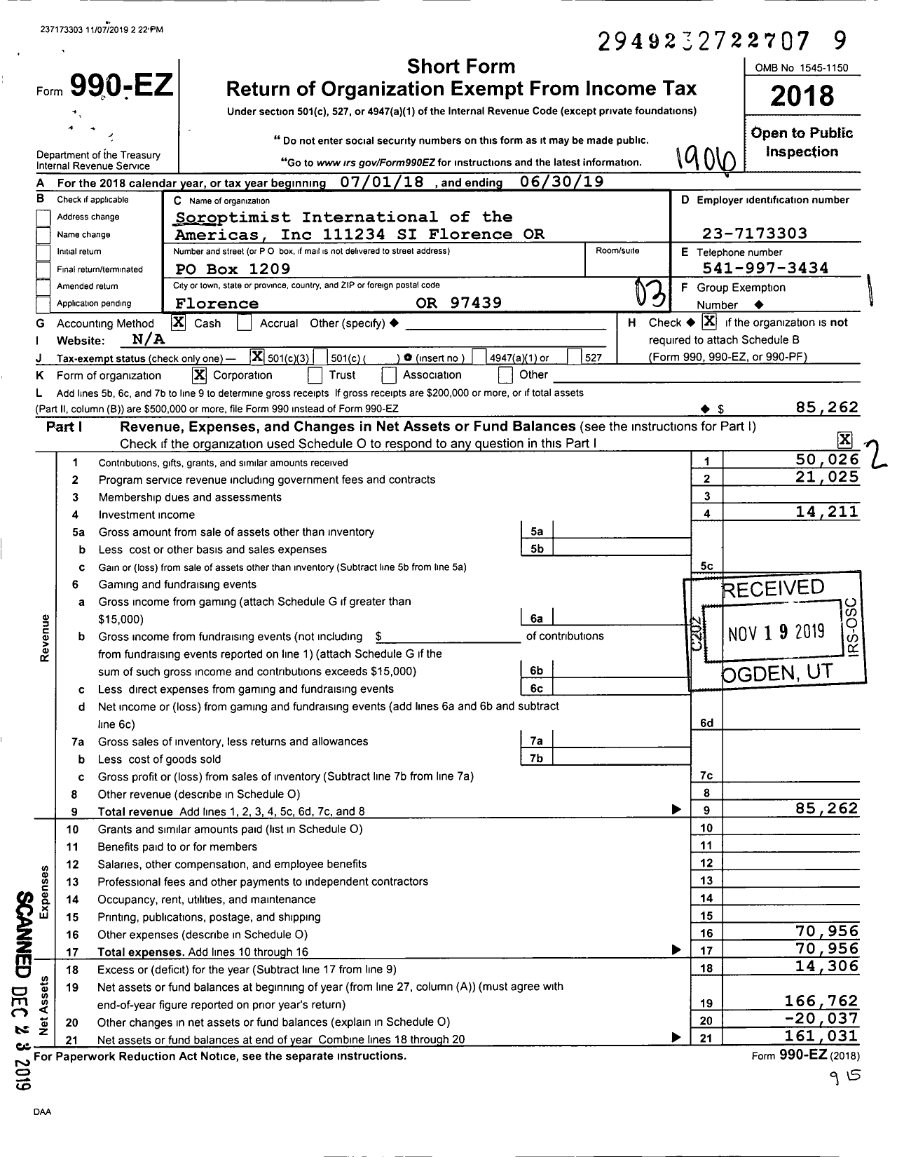 Image of first page of 2018 Form 990EZ for Soroptimist International of the Americas - 111234 Florence Or