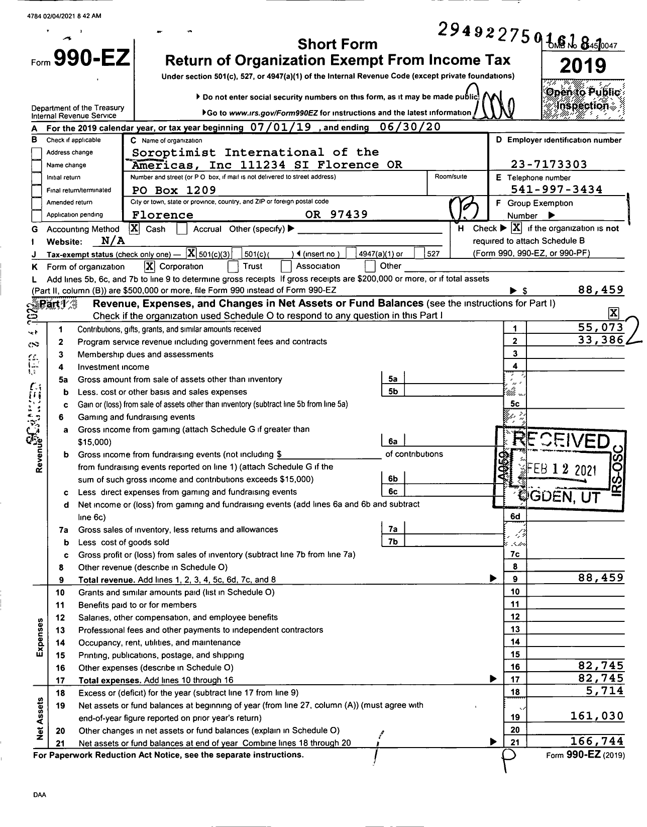 Image of first page of 2019 Form 990EZ for Soroptimist International of the Americas - 111234 Florence Or