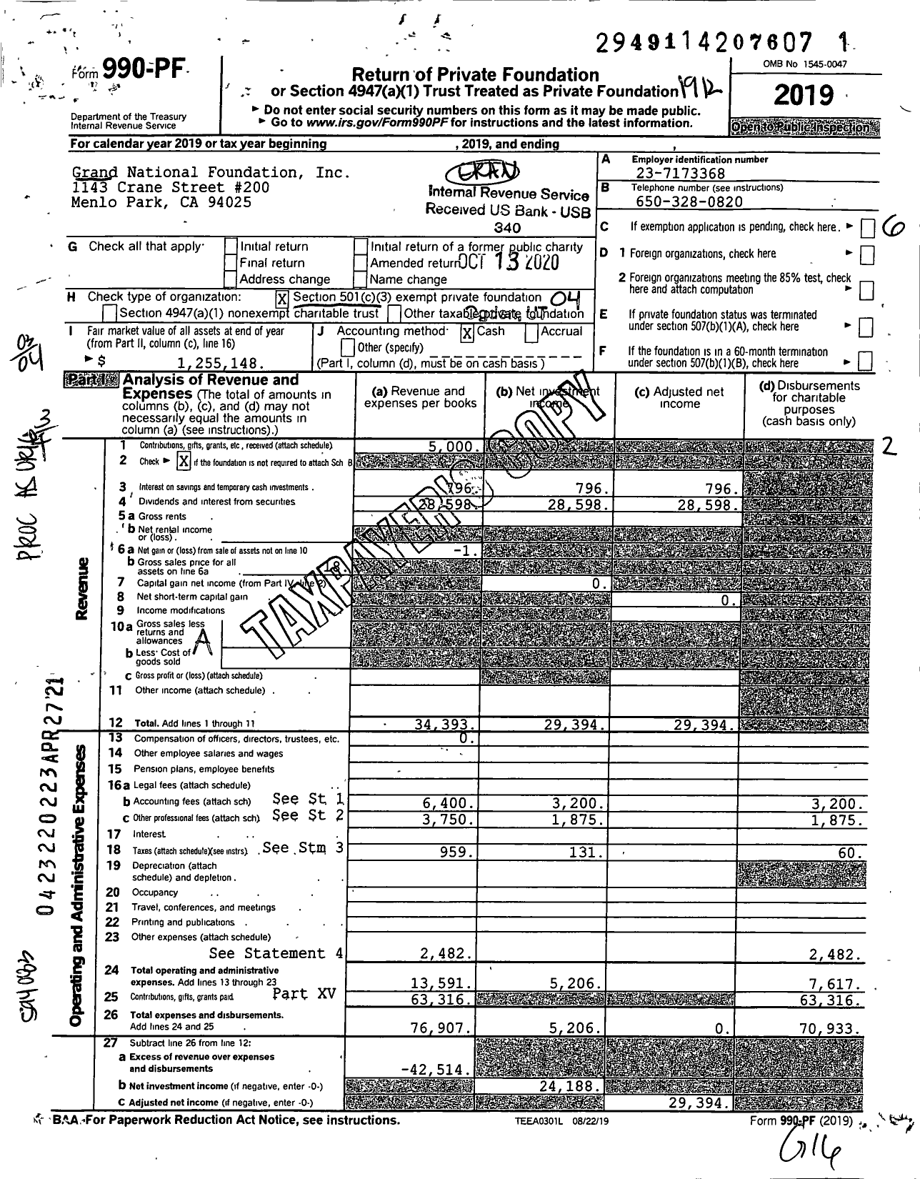 Image of first page of 2019 Form 990PF for Grand National Foundation