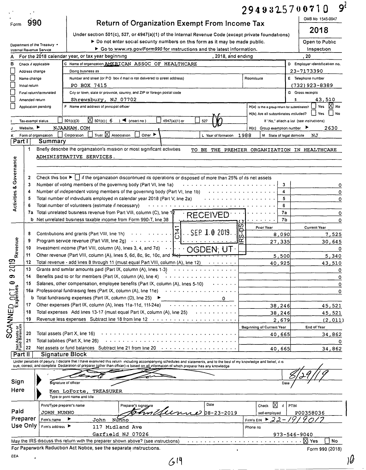 Image of first page of 2018 Form 990O for American Association of Healthcare Administrative Management - 16 New Jersey Chapter