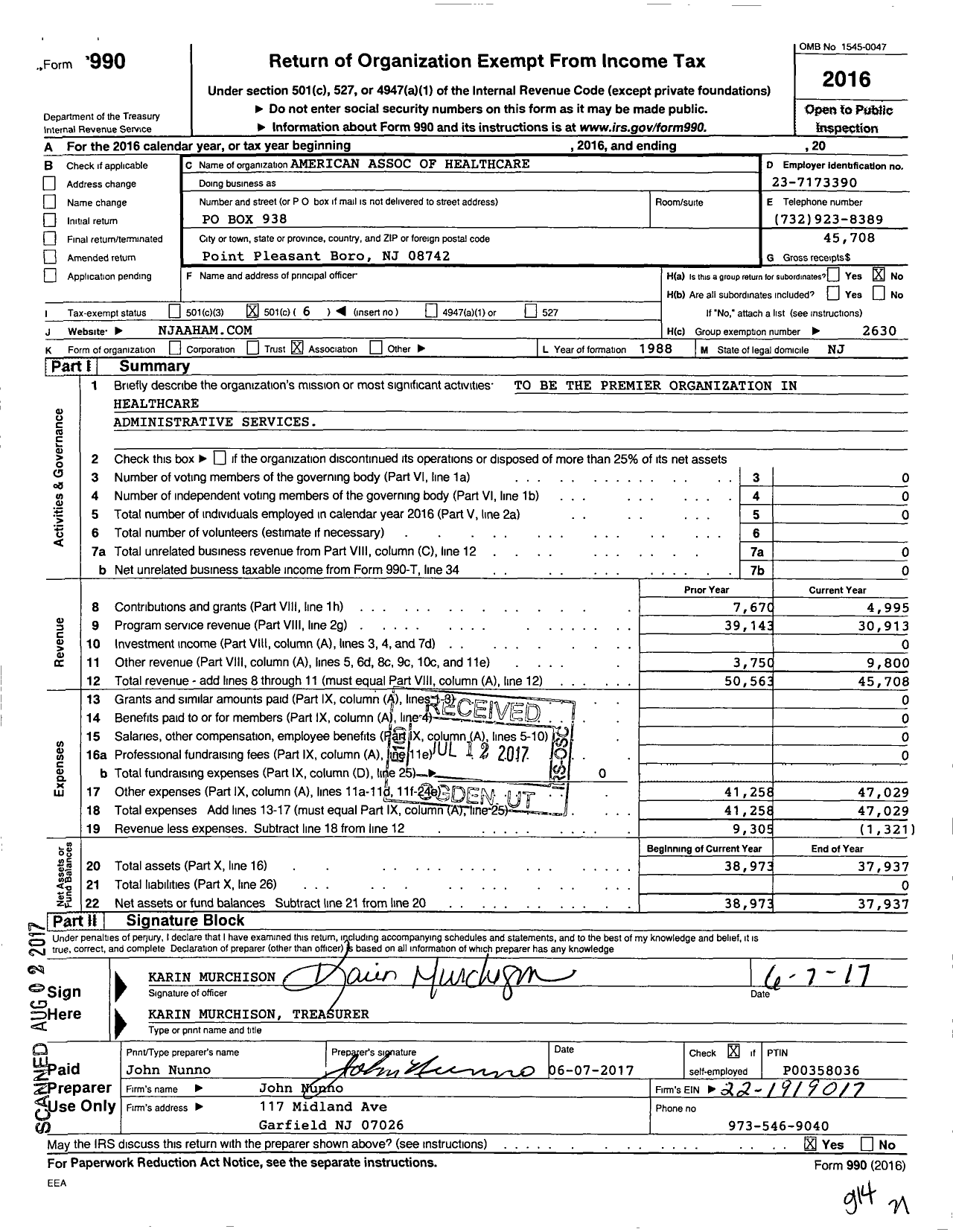 Image of first page of 2016 Form 990O for American Association of Healthcare Administrative Management - 16 New Jersey Chapter