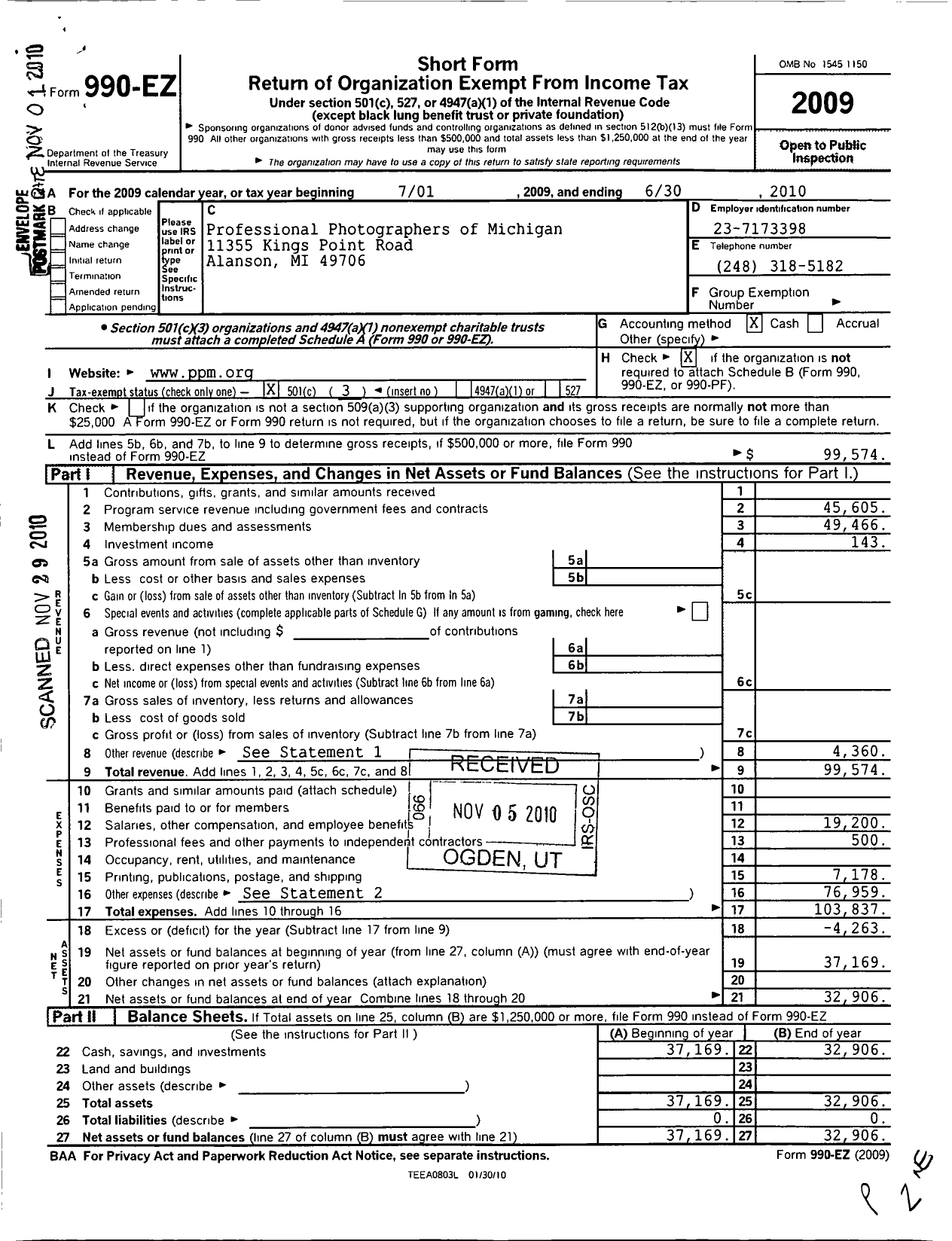 Image of first page of 2009 Form 990EZ for Professional Photographers of Michigan