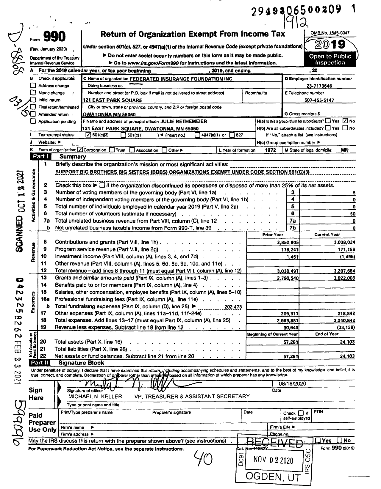 Image of first page of 2019 Form 990 for Federated Insurance Foundation