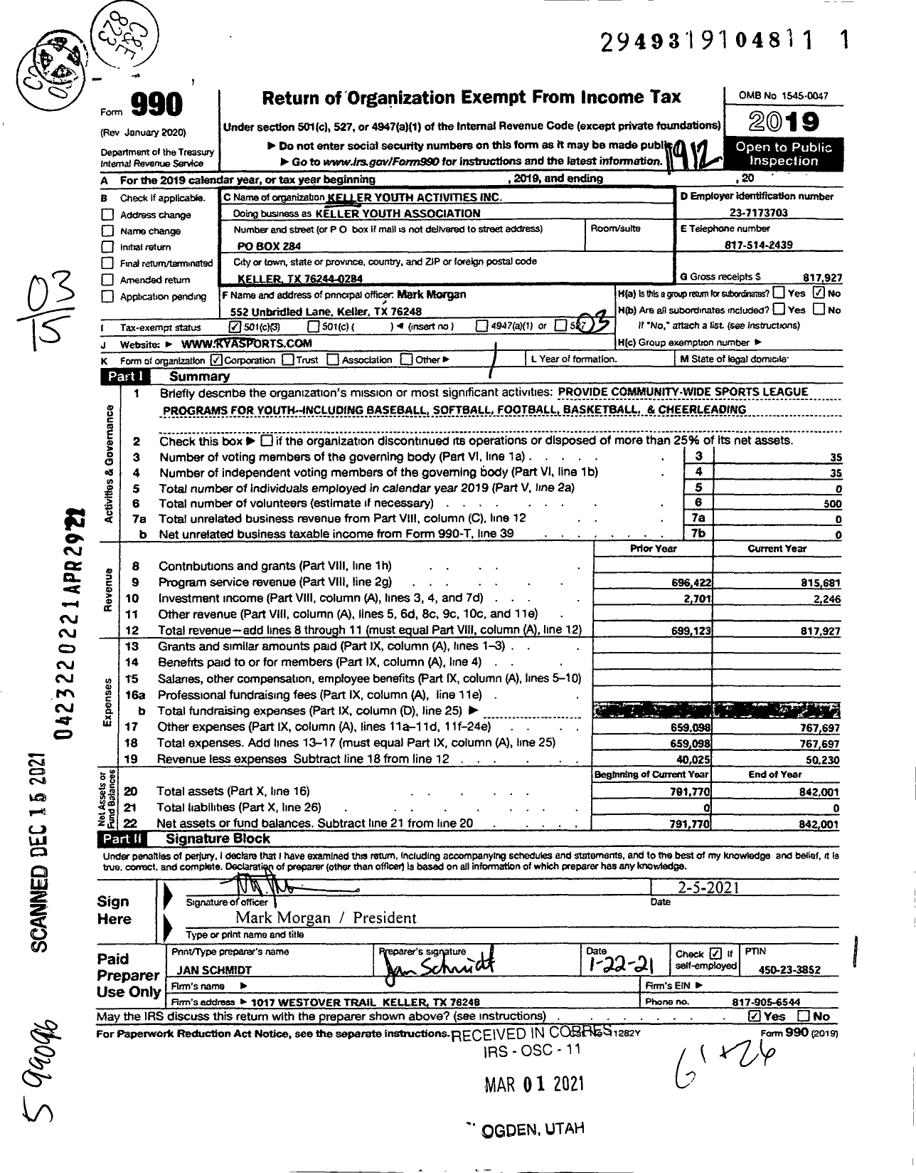 Image of first page of 2019 Form 990 for Keller Youth Association