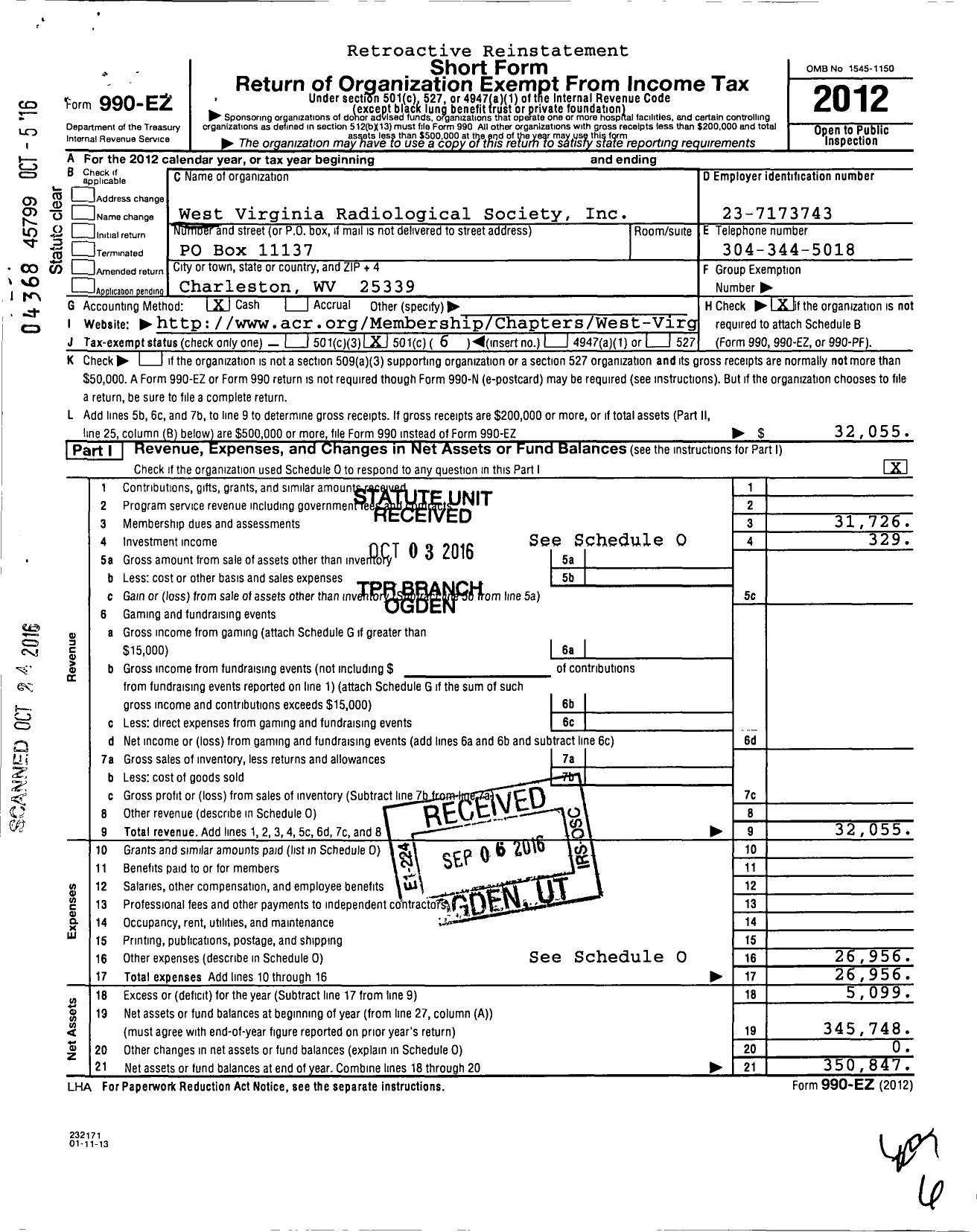 Image of first page of 2012 Form 990EO for West Virginia Radiological Society