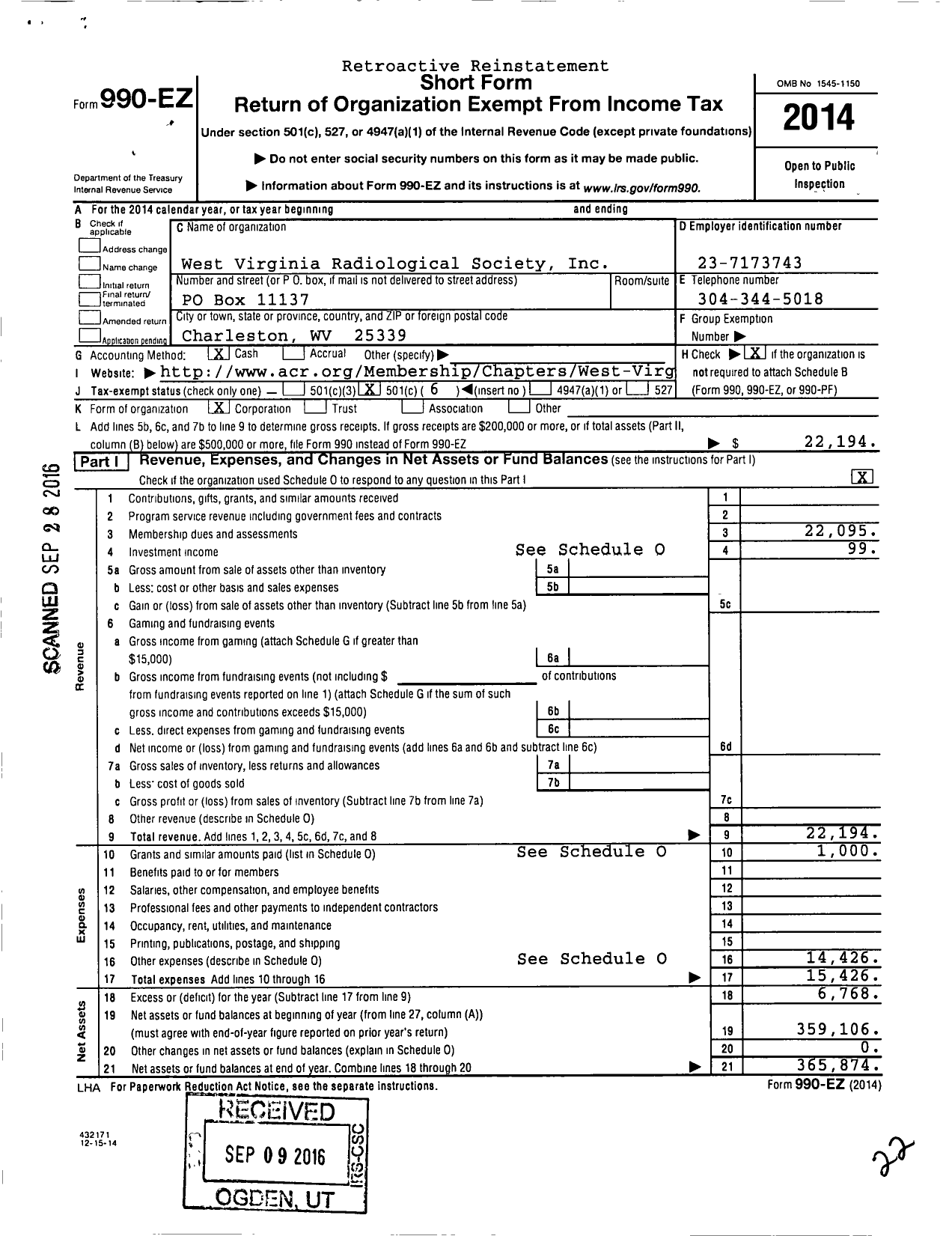 Image of first page of 2014 Form 990EO for West Virginia Radiological Society