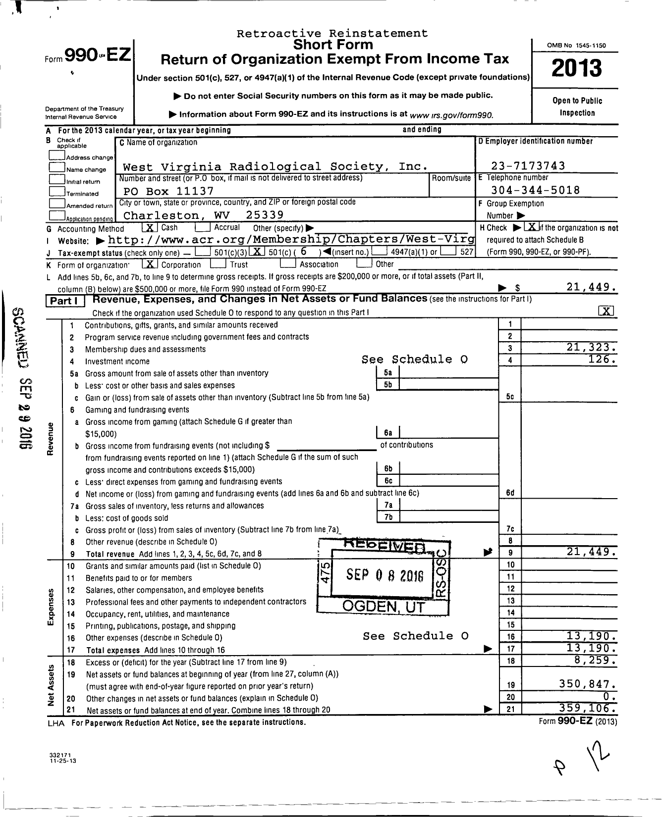 Image of first page of 2013 Form 990EO for West Virginia Radiological Society