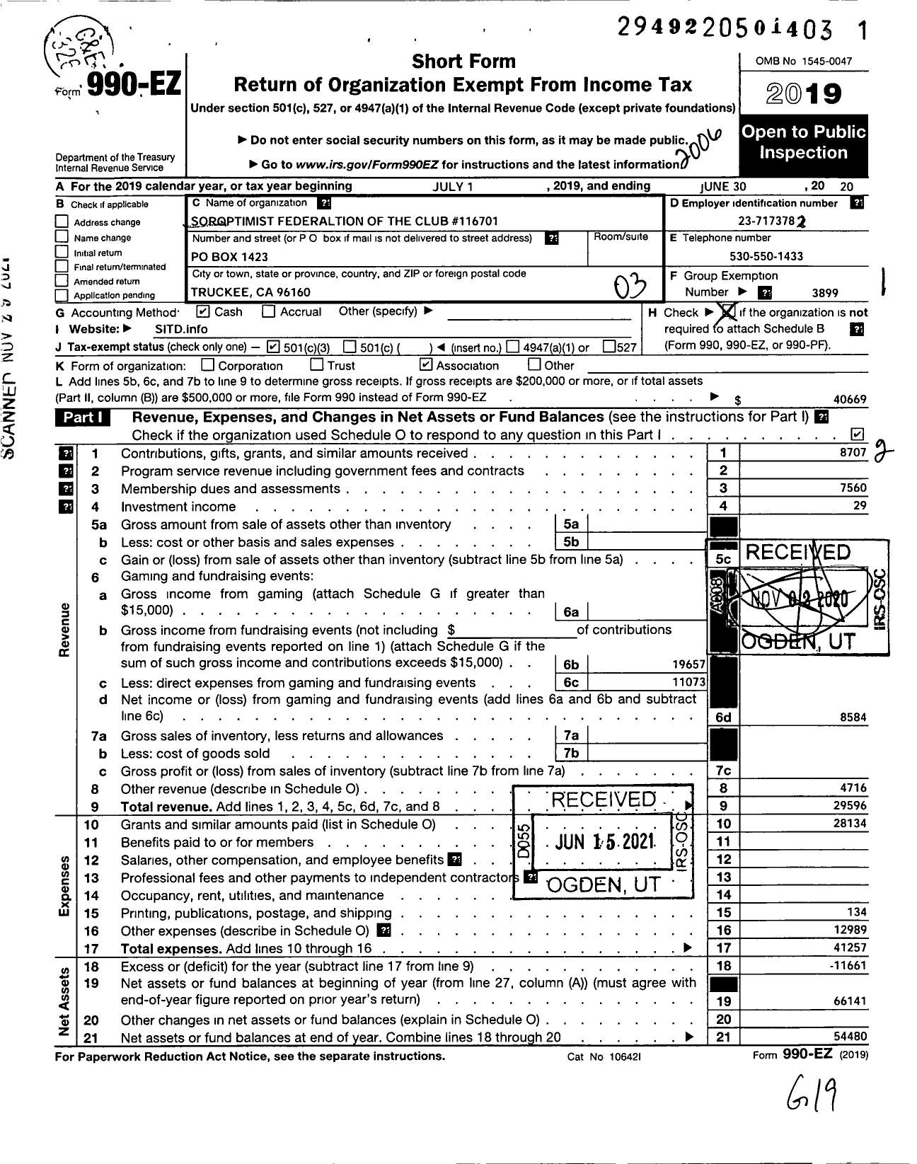 Image of first page of 2019 Form 990EZ for SOROPTIMIST INTERNATIONAL OF THE AMERICAS - 116701 Truckee-Donner Ca