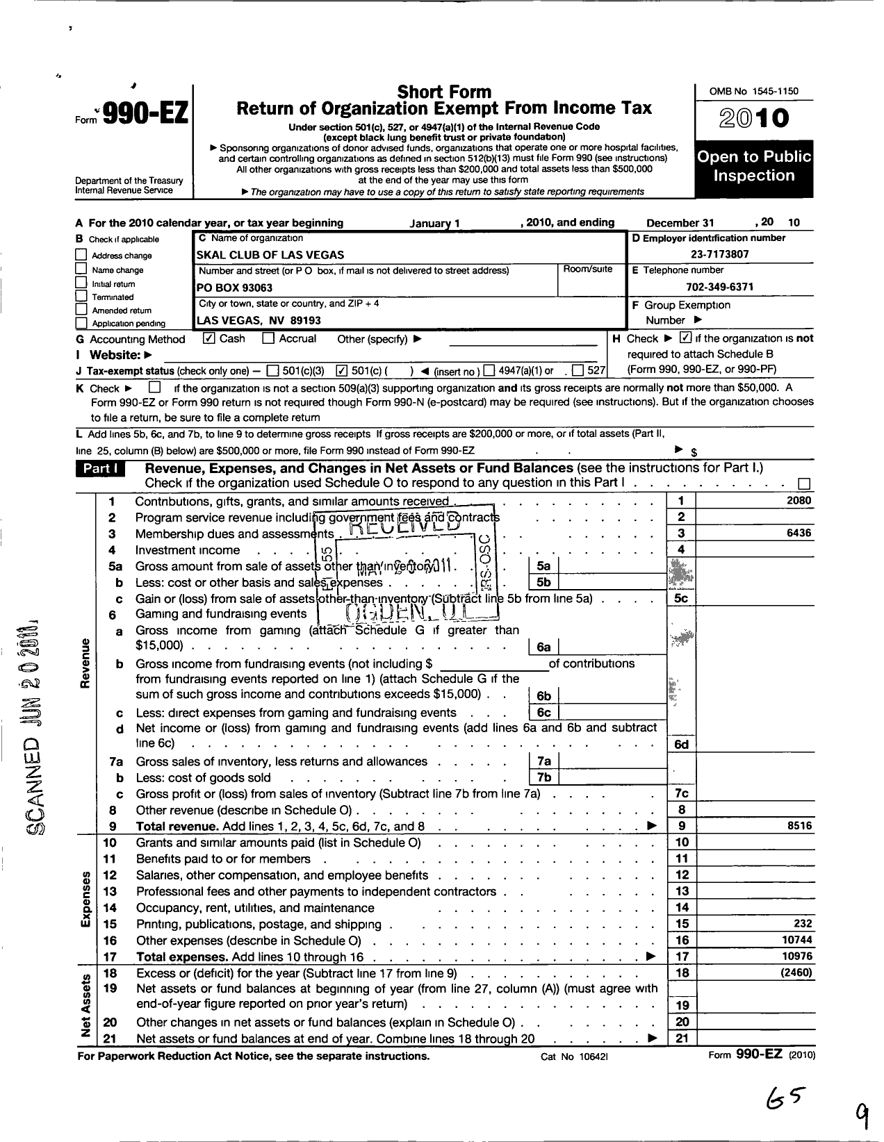 Image of first page of 2010 Form 990EO for National Skal Committee of the United States of America / Las Vegas Skal Club