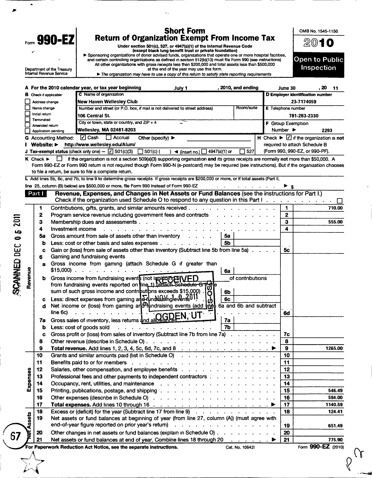 Image of first page of 2010 Form 990EZ for Wellesley College Alumnae Association / Wellesley-In-New Haven