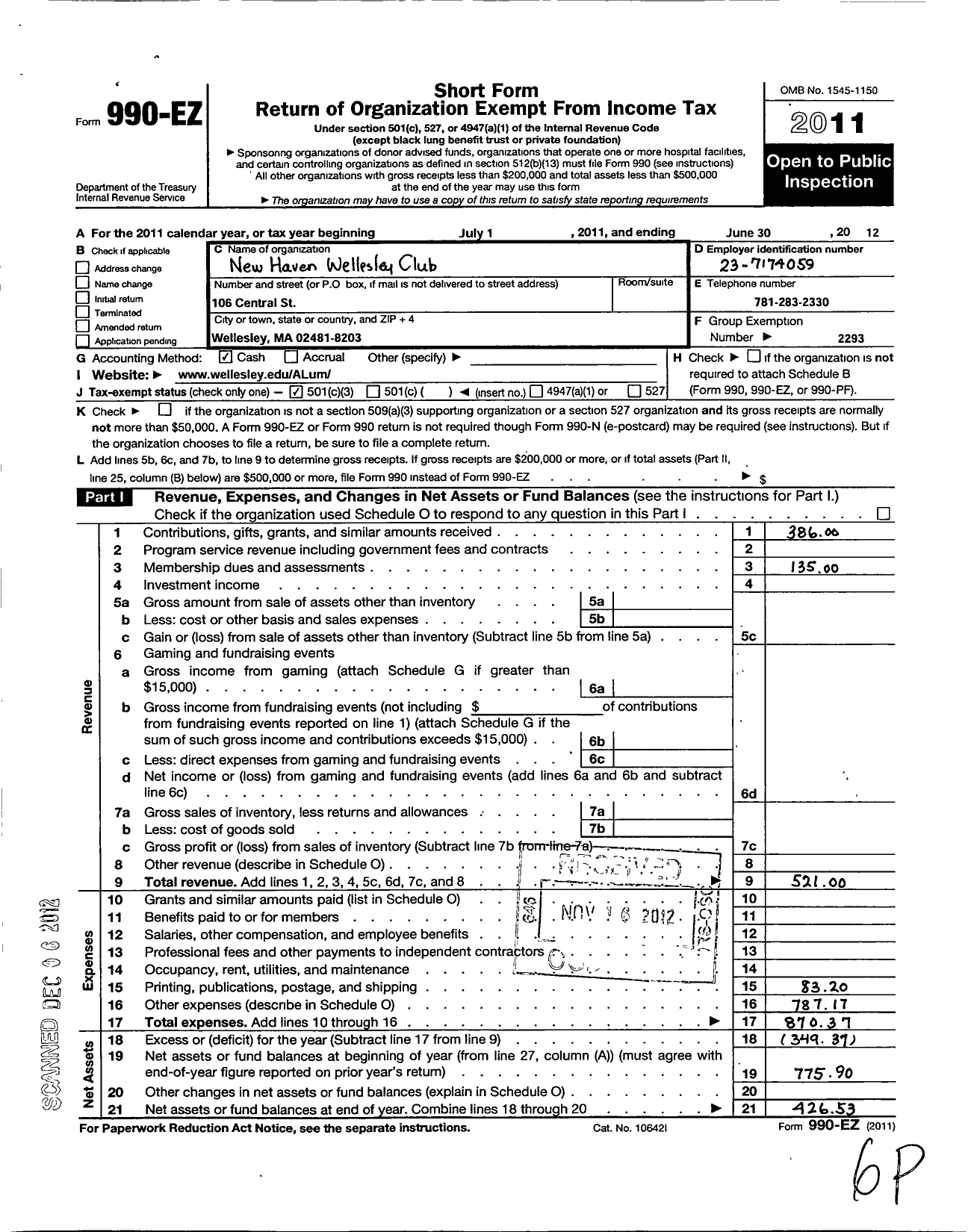 Image of first page of 2011 Form 990EZ for Wellesley College Alumnae Association / Wellesley-In-New Haven