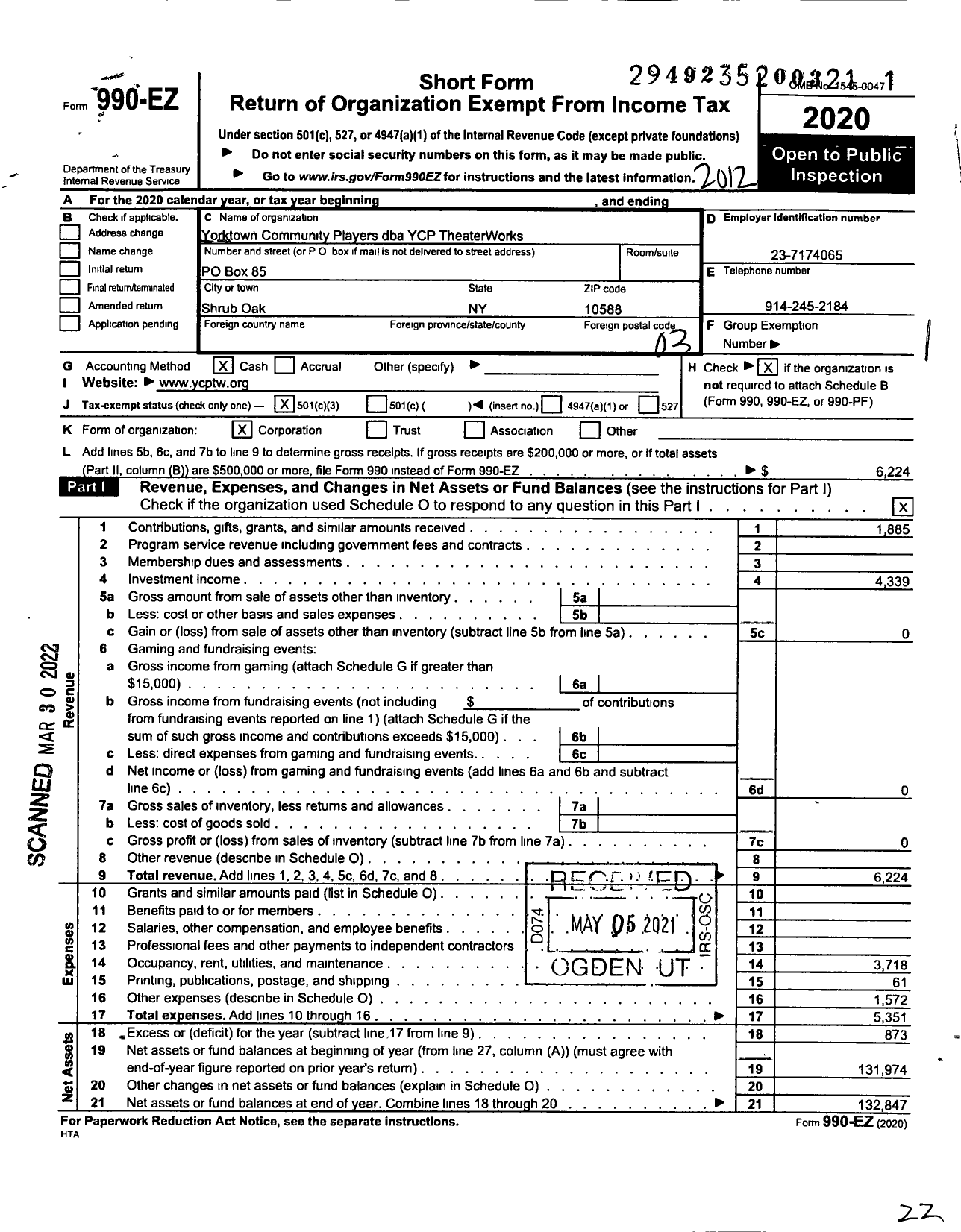 Image of first page of 2020 Form 990EZ for Yorktown Community Players