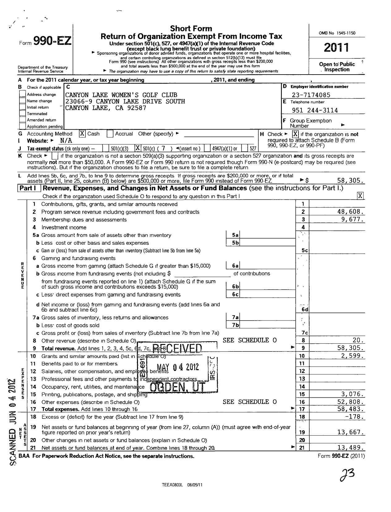 Image of first page of 2011 Form 990EO for Canyon Lake Womens Golf Club