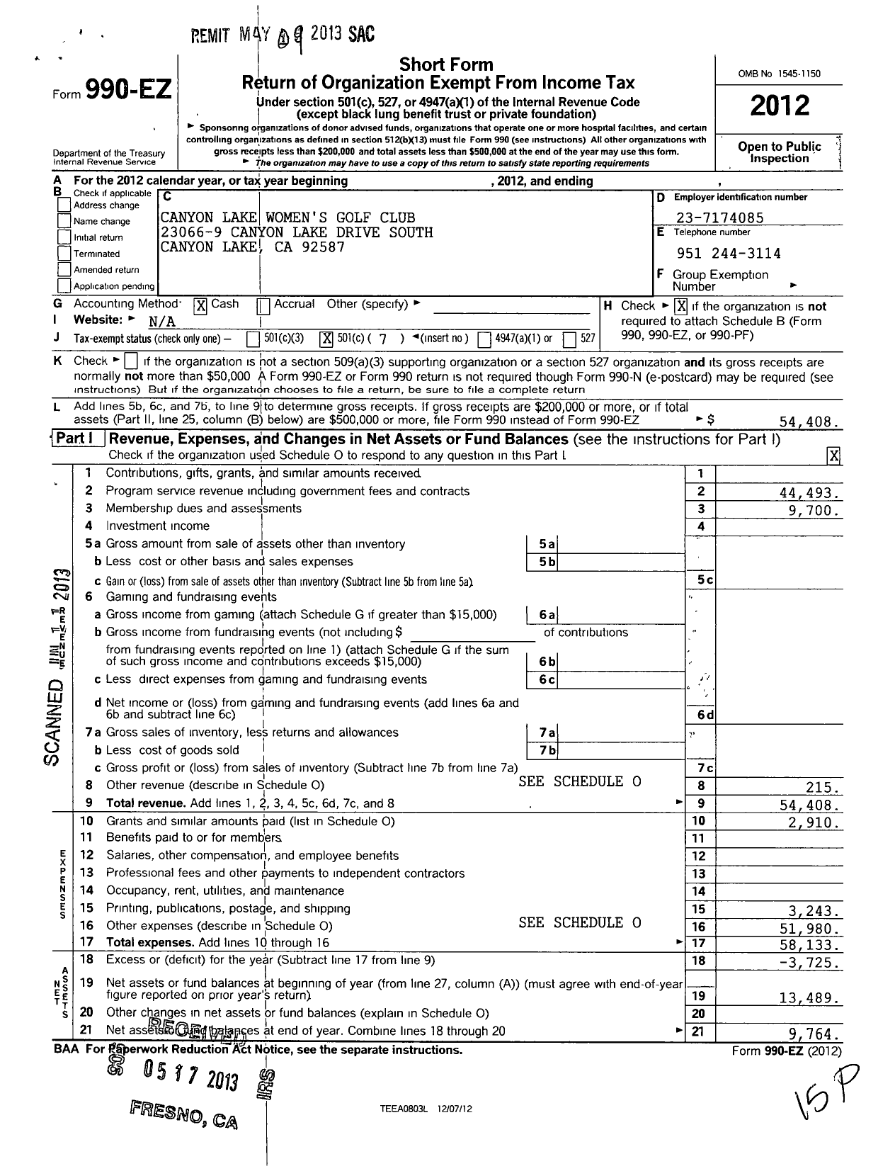 Image of first page of 2012 Form 990EO for Canyon Lake Womens Golf Club