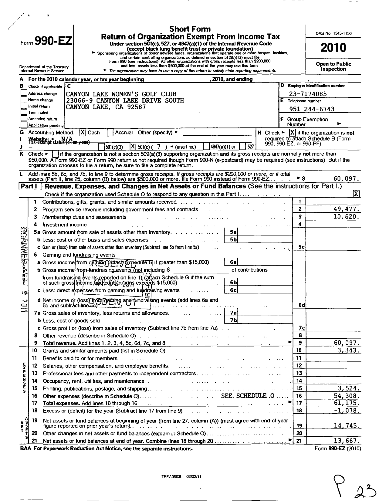 Image of first page of 2010 Form 990EO for Canyon Lake Womens Golf Club