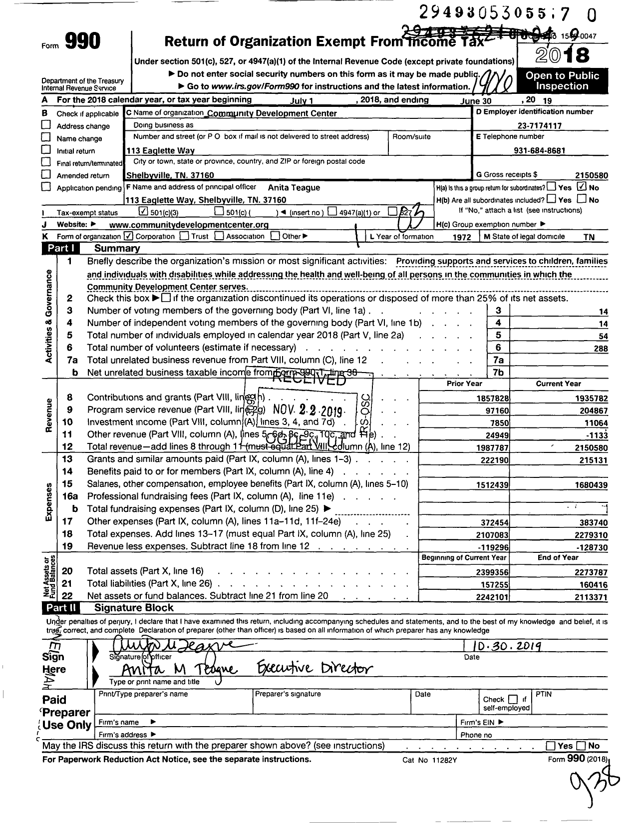 Image of first page of 2018 Form 990 for Community Development Center