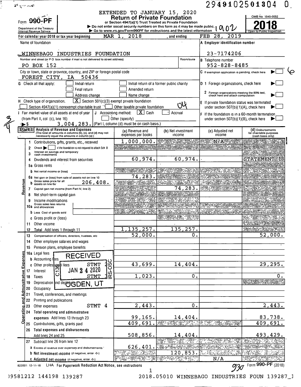 Image of first page of 2018 Form 990PR for Winnebago Industries Foundation
