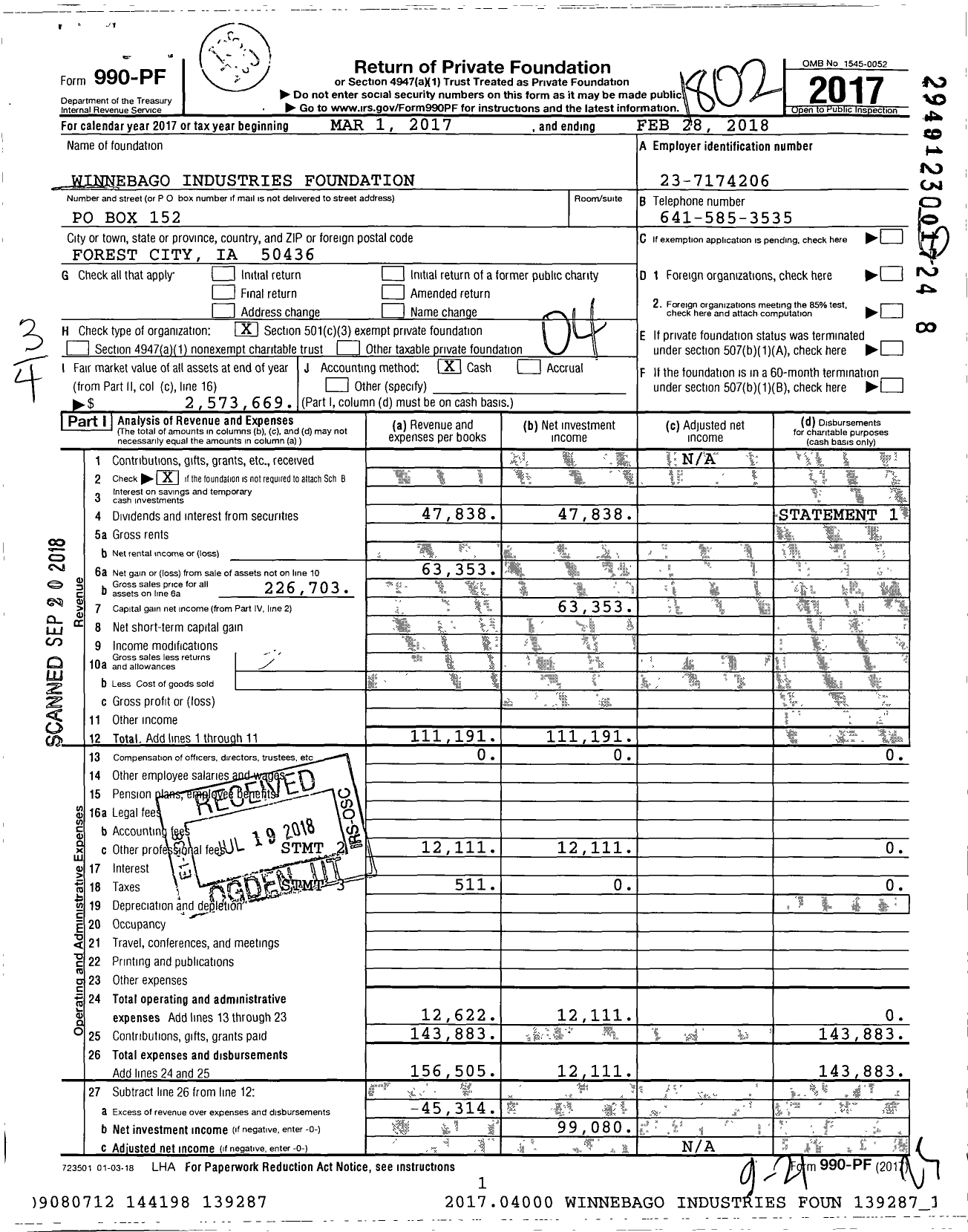 Image of first page of 2017 Form 990PF for Winnebago Industries Foundation