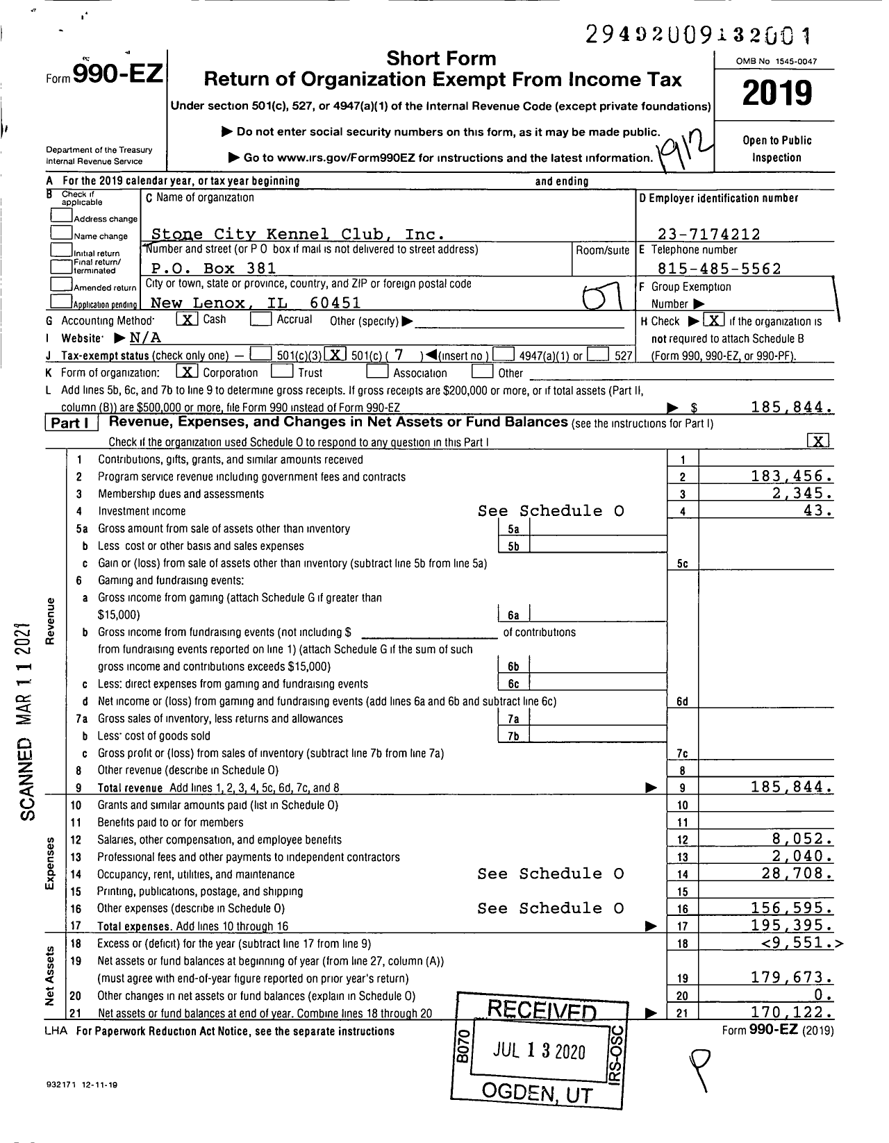 Image of first page of 2019 Form 990EO for Stone City Kennel Club