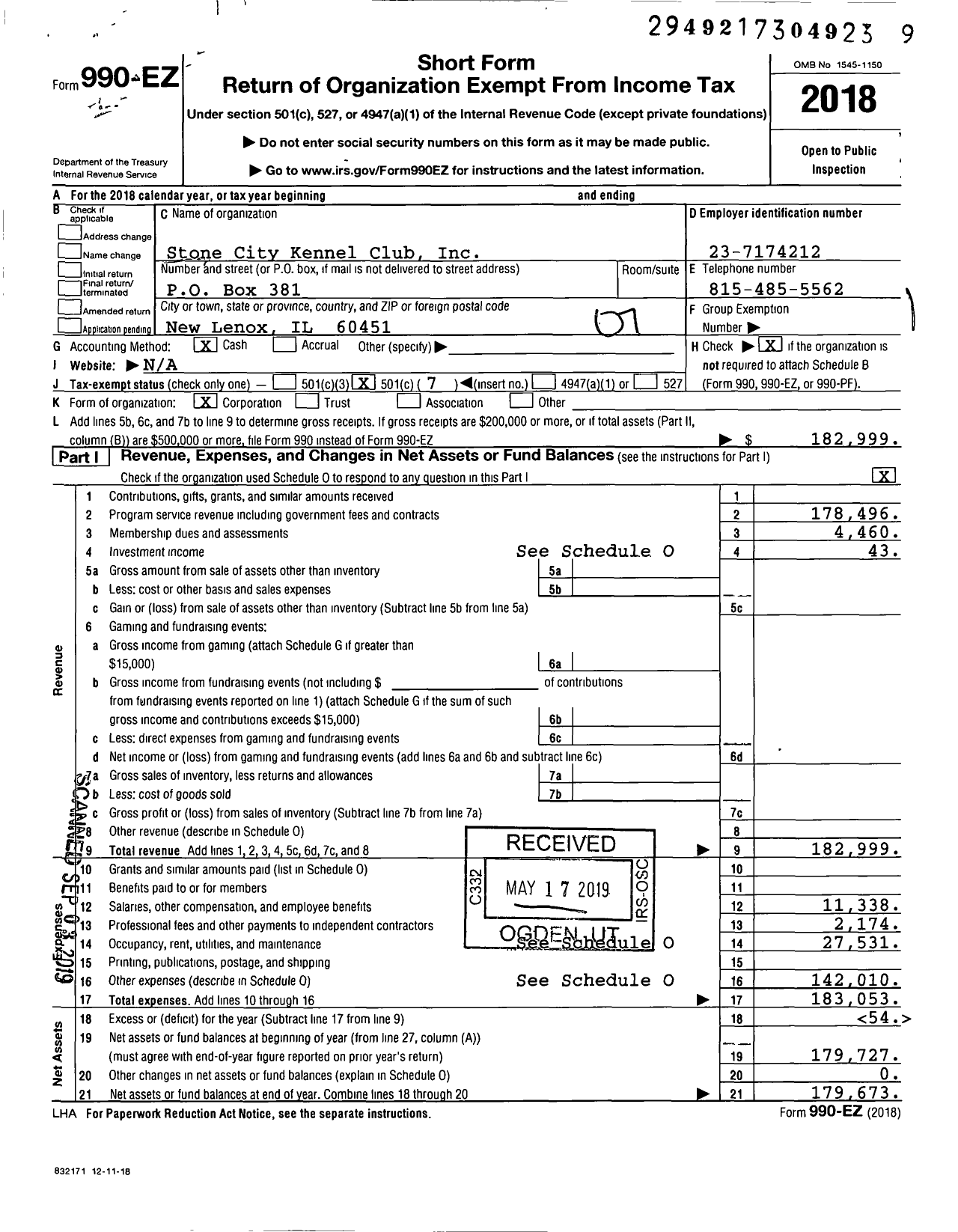 Image of first page of 2018 Form 990EO for Stone City Kennel Club