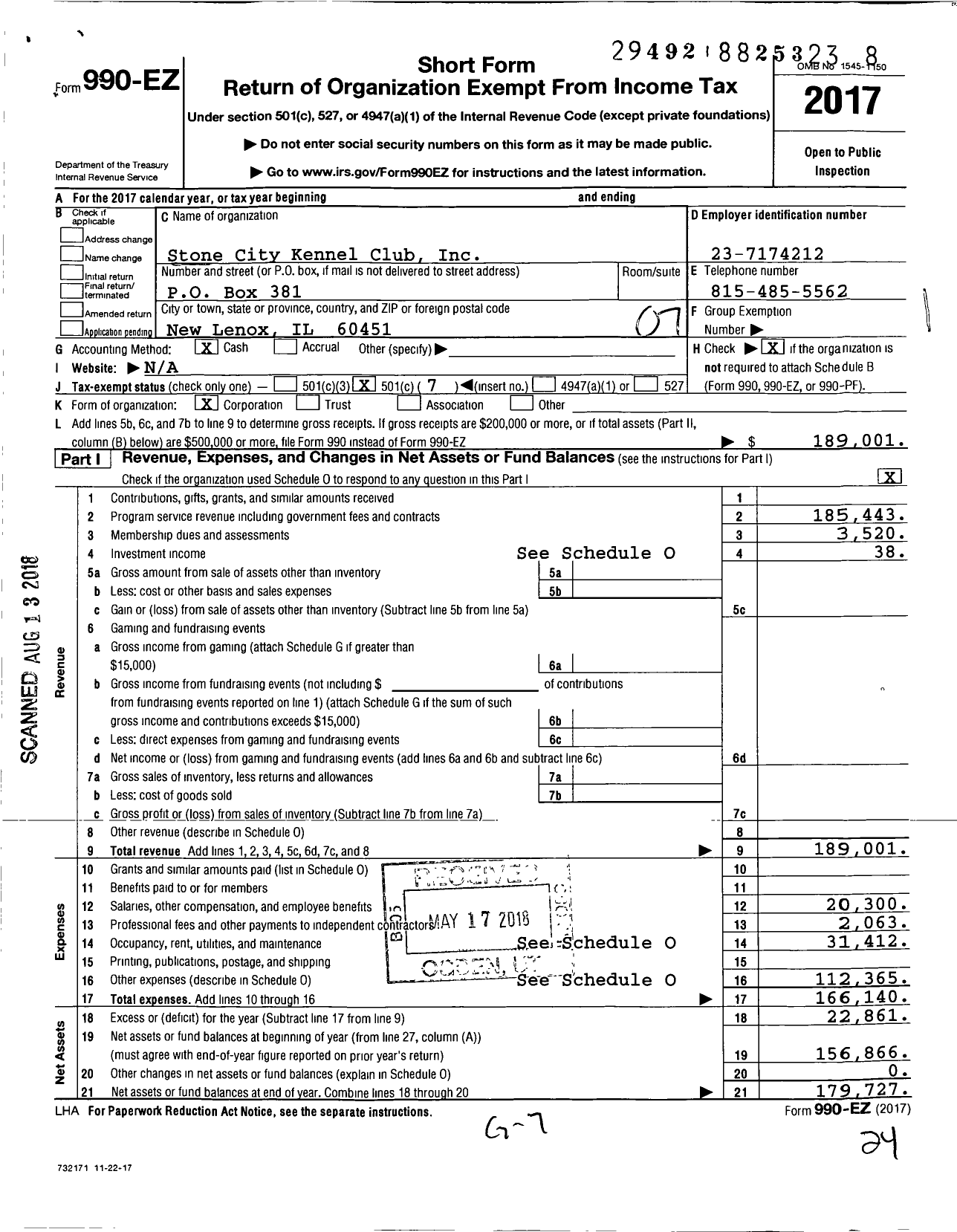 Image of first page of 2017 Form 990EO for Stone City Kennel Club