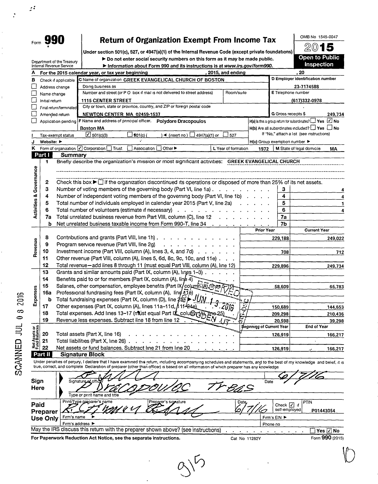 Image of first page of 2015 Form 990 for Greek Evangelical Church of Boston