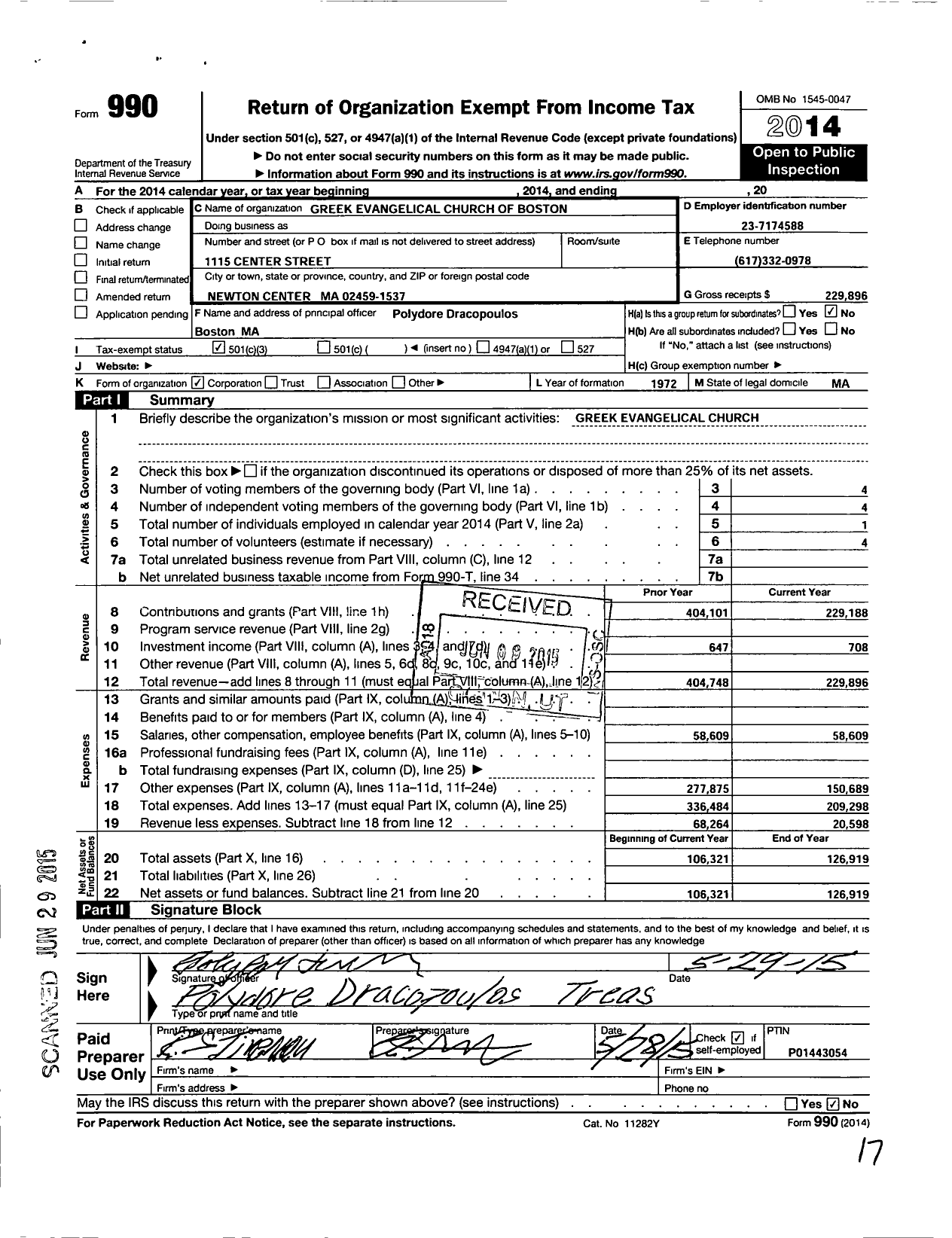 Image of first page of 2014 Form 990 for Greek Evangelical Church of Boston