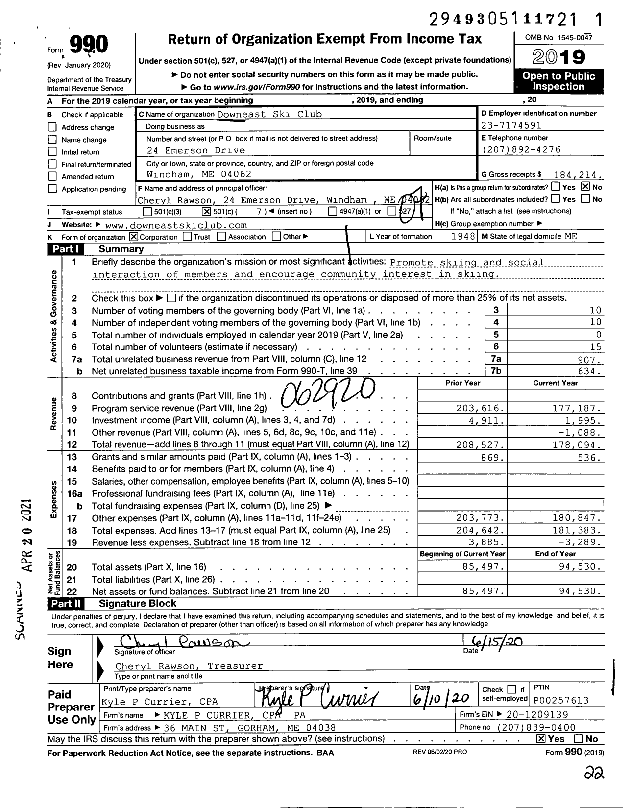 Image of first page of 2019 Form 990O for Downeast East Ski Club