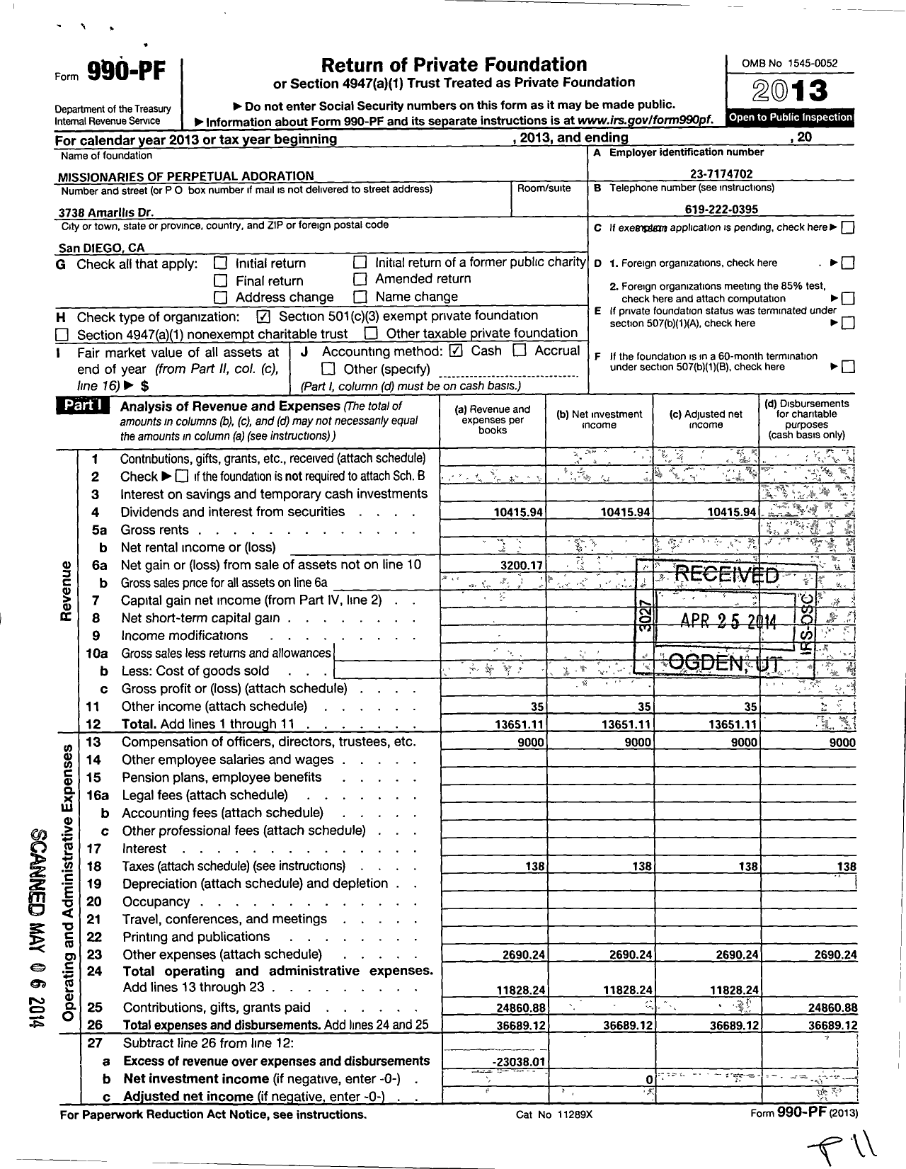 Image of first page of 2013 Form 990PF for Missionaries of Perpetual Adoration