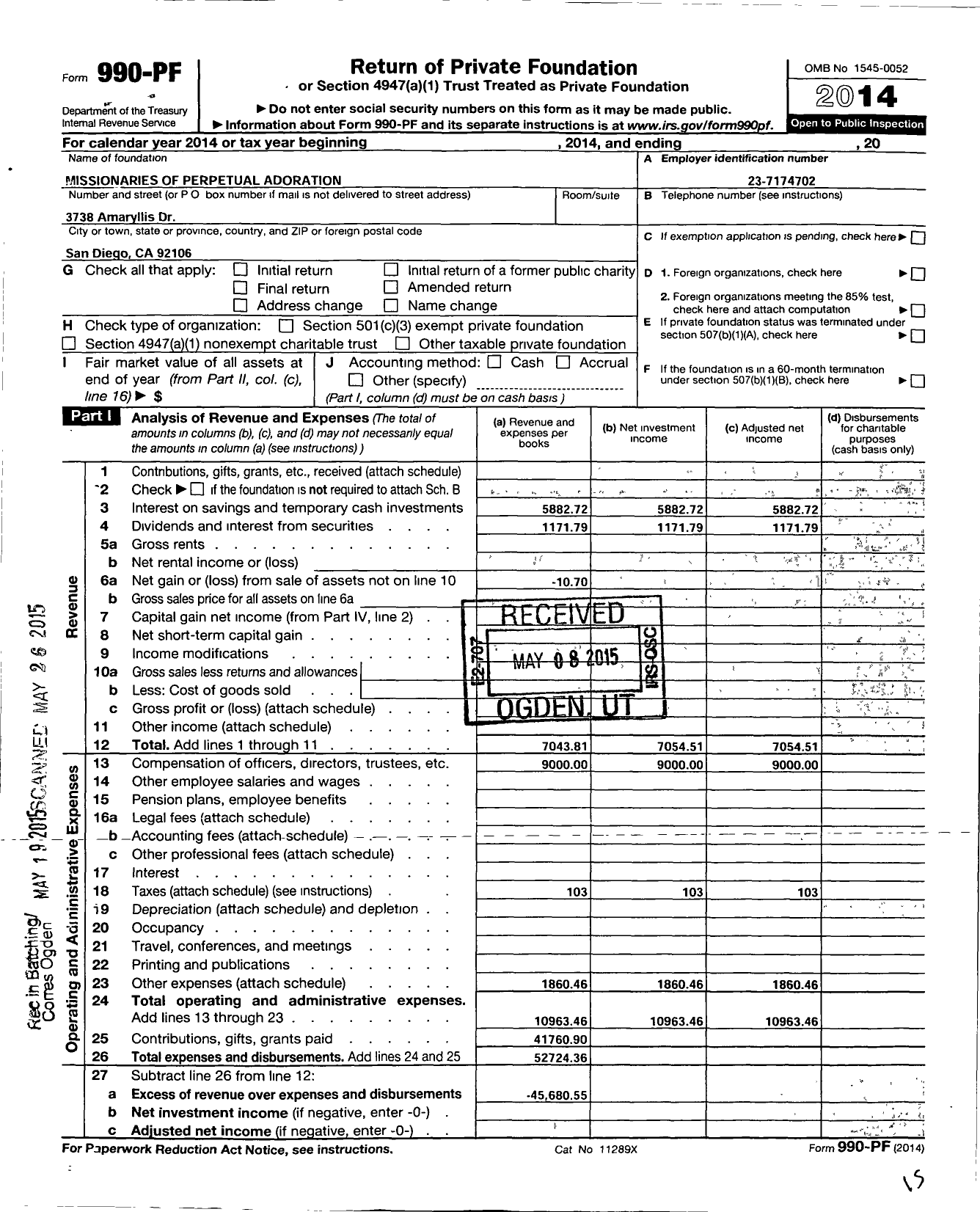 Image of first page of 2014 Form 990PF for Missionaries of Perpetual Adoration