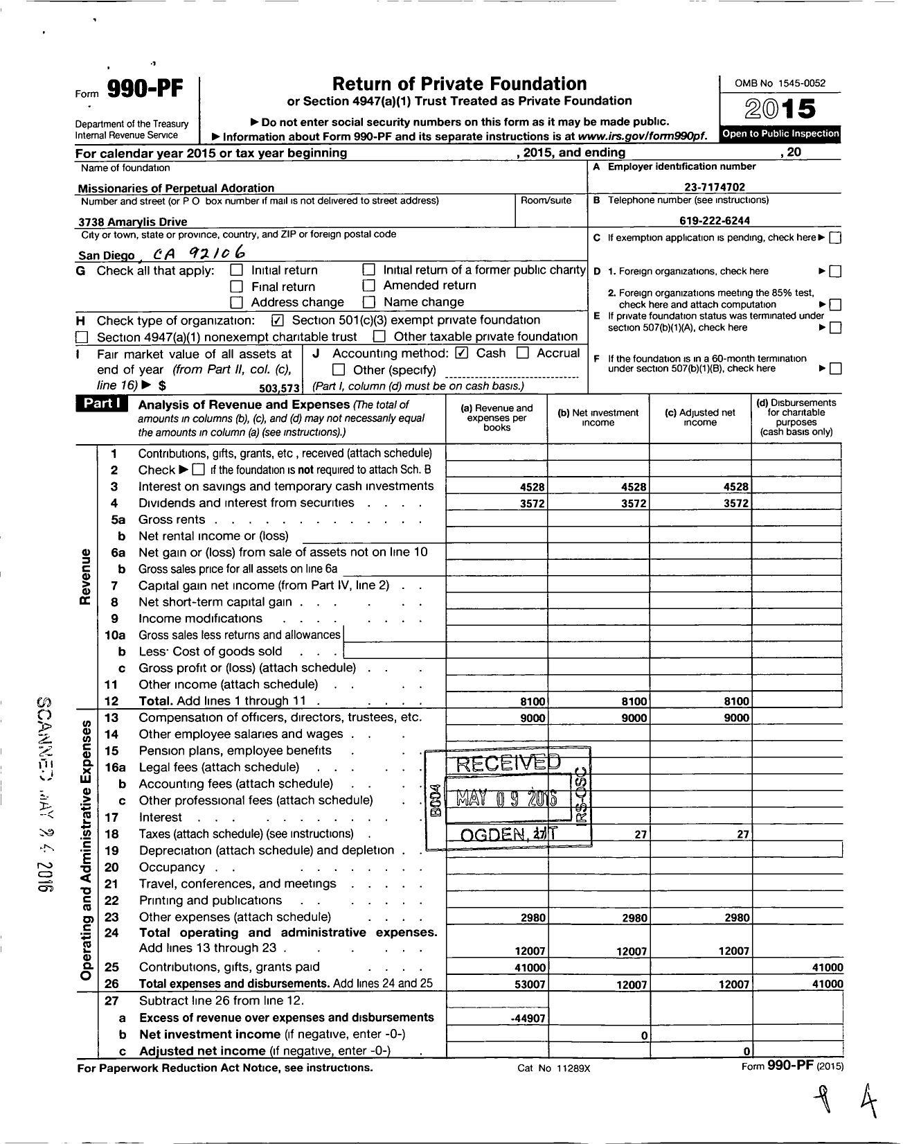 Image of first page of 2015 Form 990PF for Missionaries of Perpetual Adoration