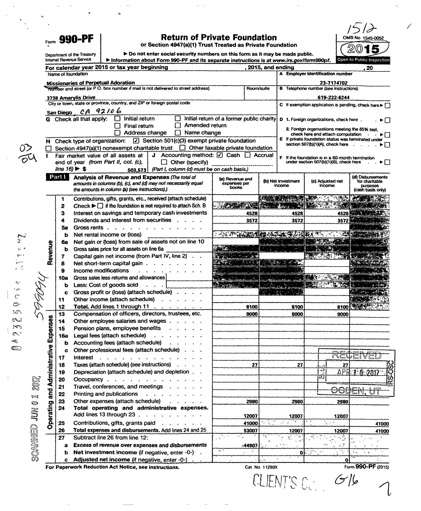 Image of first page of 2015 Form 990PF for Missionaries of Perpetual Adoration