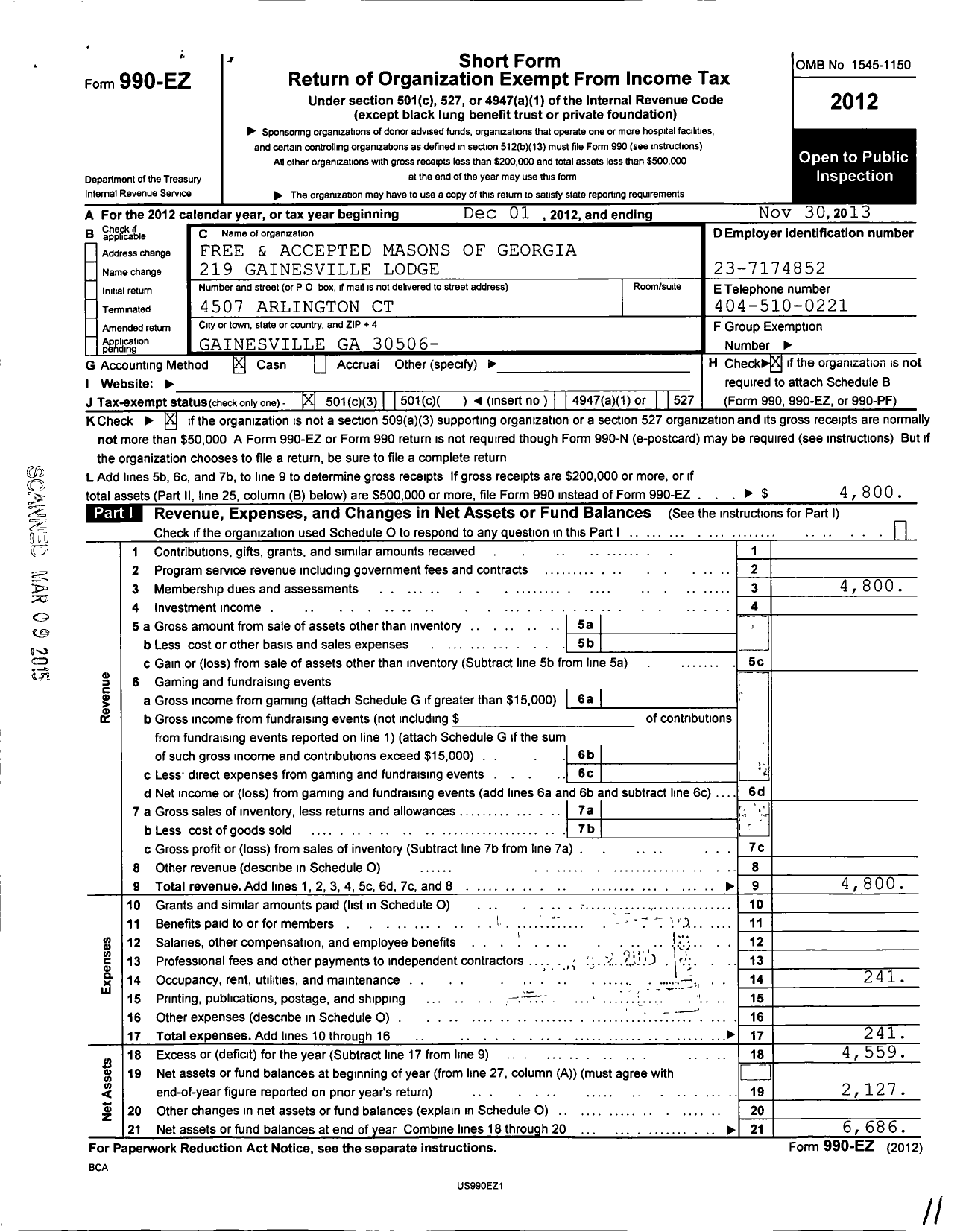 Image of first page of 2012 Form 990EZ for Free & Accepted Masons of Georgia - 219 Gainesville Lodge