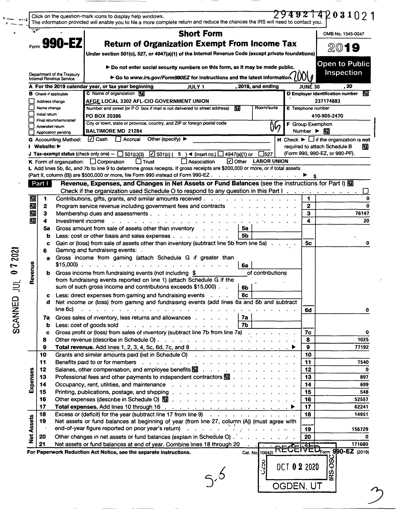 Image of first page of 2019 Form 990EO for American Federation of Government Employees - 3302 Afge Local