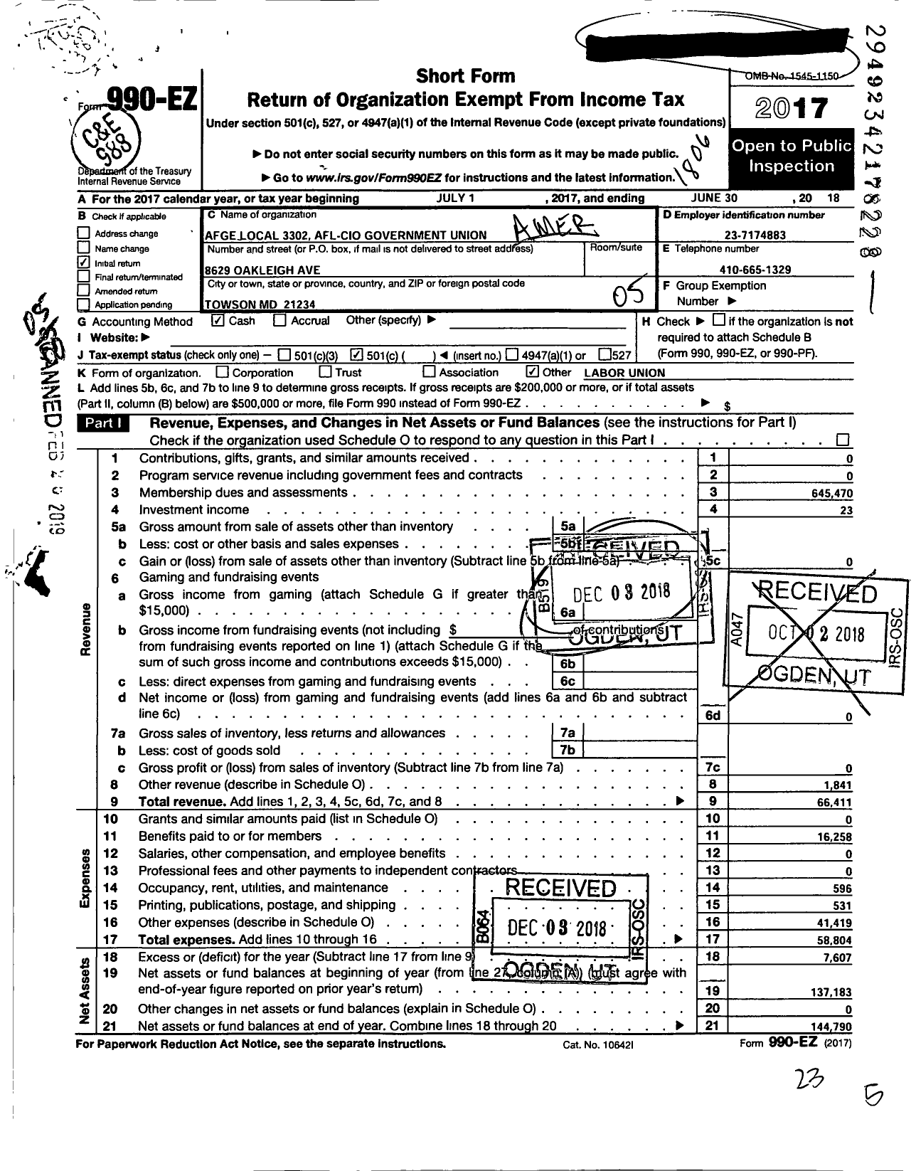 Image of first page of 2017 Form 990EO for American Federation of Government Employees - 3302 Afge Local