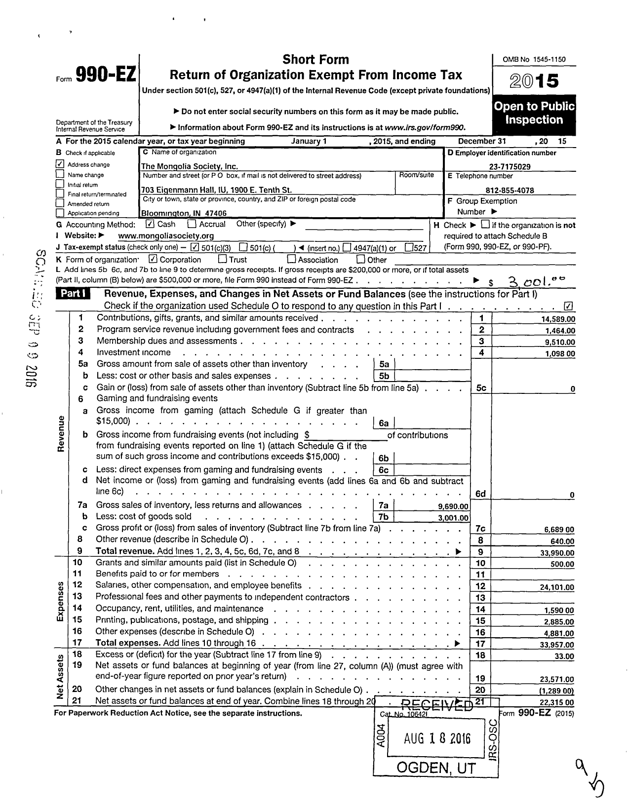 Image of first page of 2015 Form 990EZ for Mongolia Society