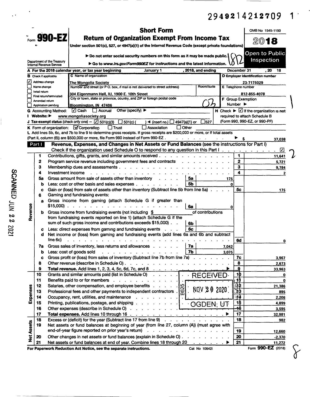 Image of first page of 2018 Form 990EZ for Mongolia Society