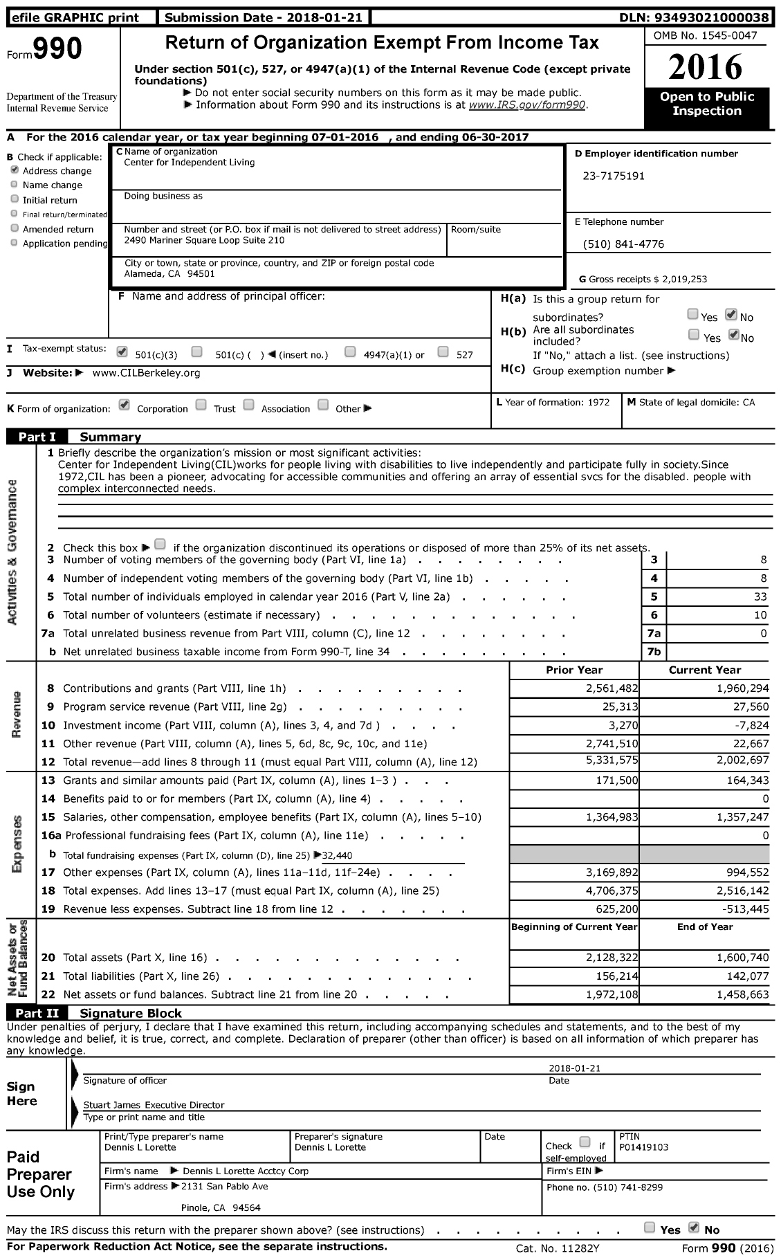 Image of first page of 2016 Form 990 for Center for Independent Living (CIL)