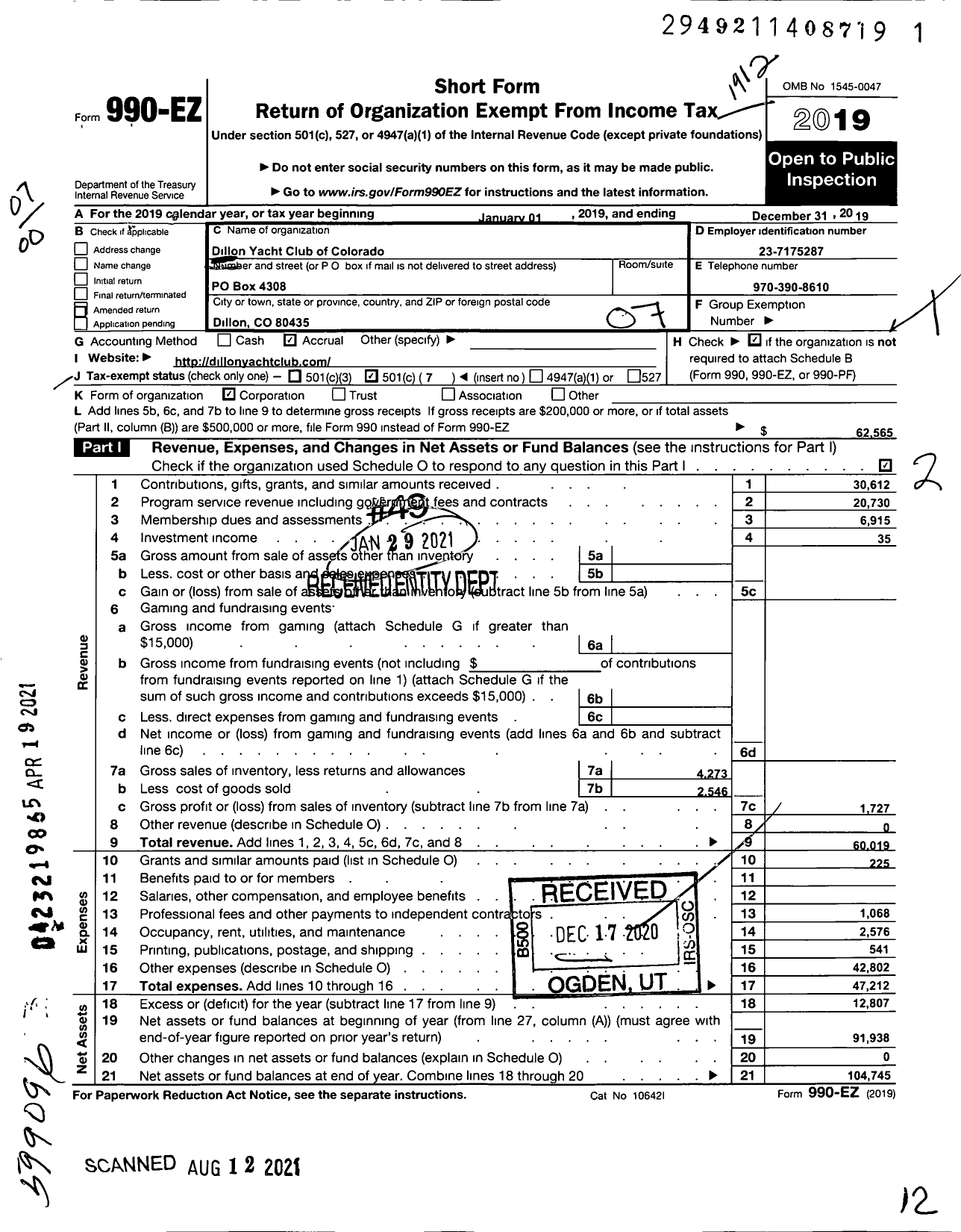 Image of first page of 2019 Form 990EO for Dillon Yacht Club of Colorado