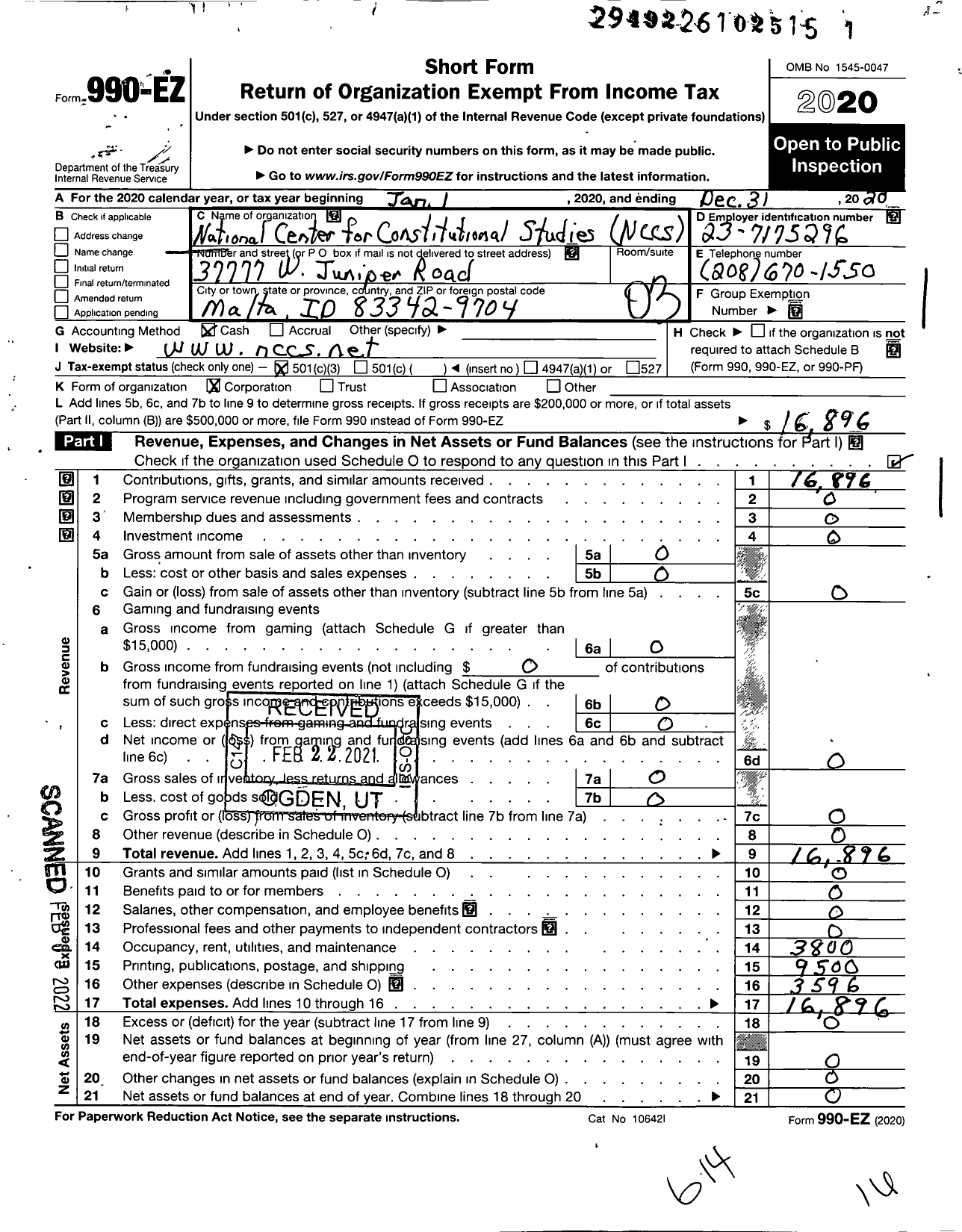 Image of first page of 2020 Form 990EZ for National Center for Constitutional Studies (NCCS)